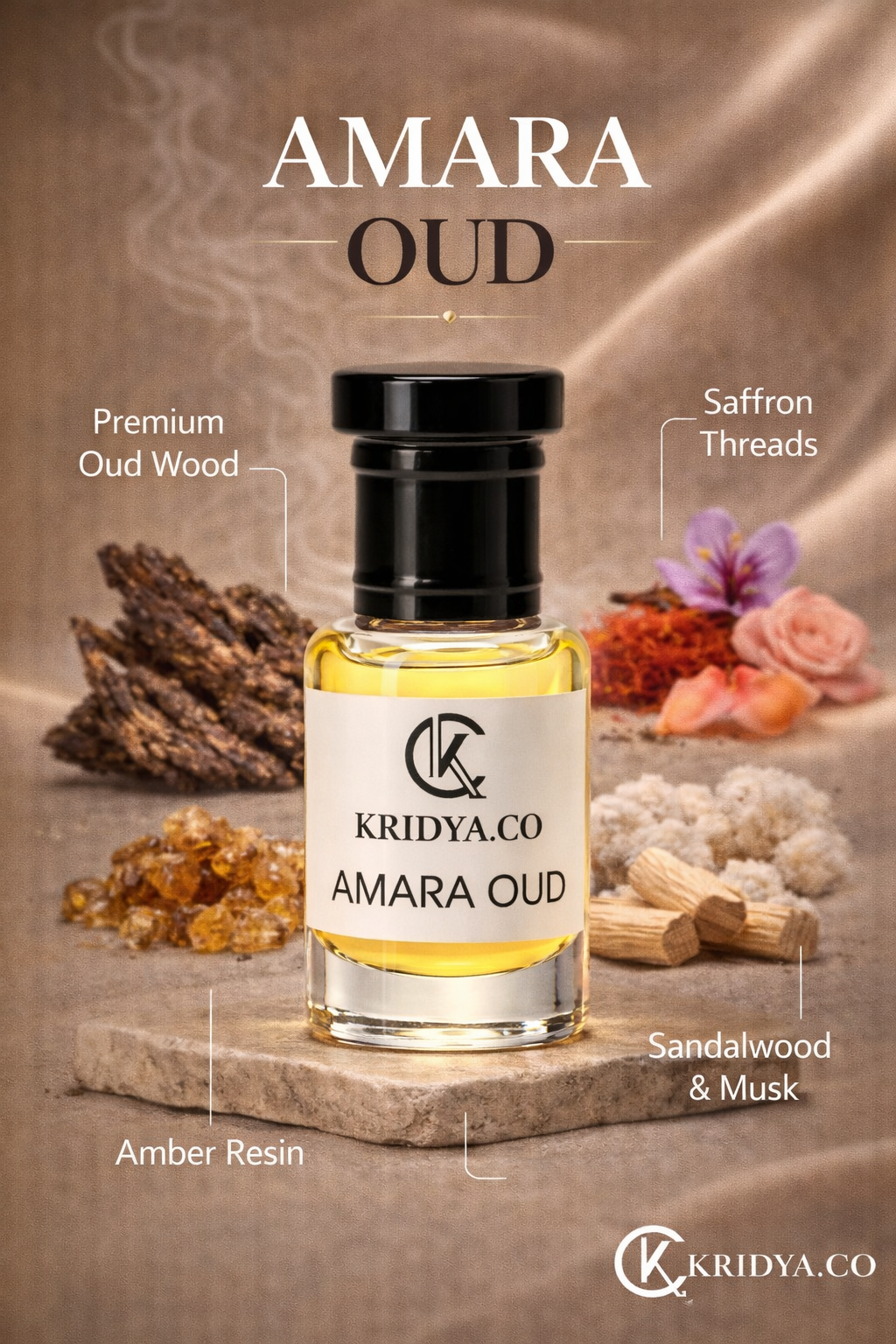 KRIDYA.CO Premium Amara Oud Attar – Luxury Floral Oud Perfume Oil