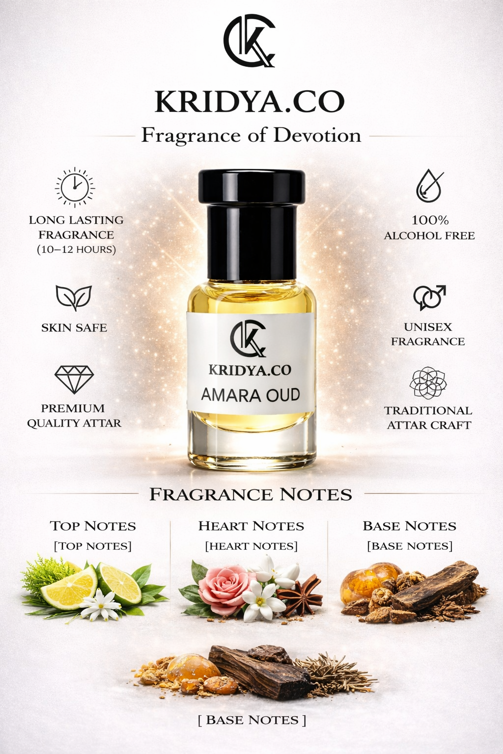 KRIDYA.CO Premium Amara Oud Attar – Luxury Floral Oud Perfume Oil