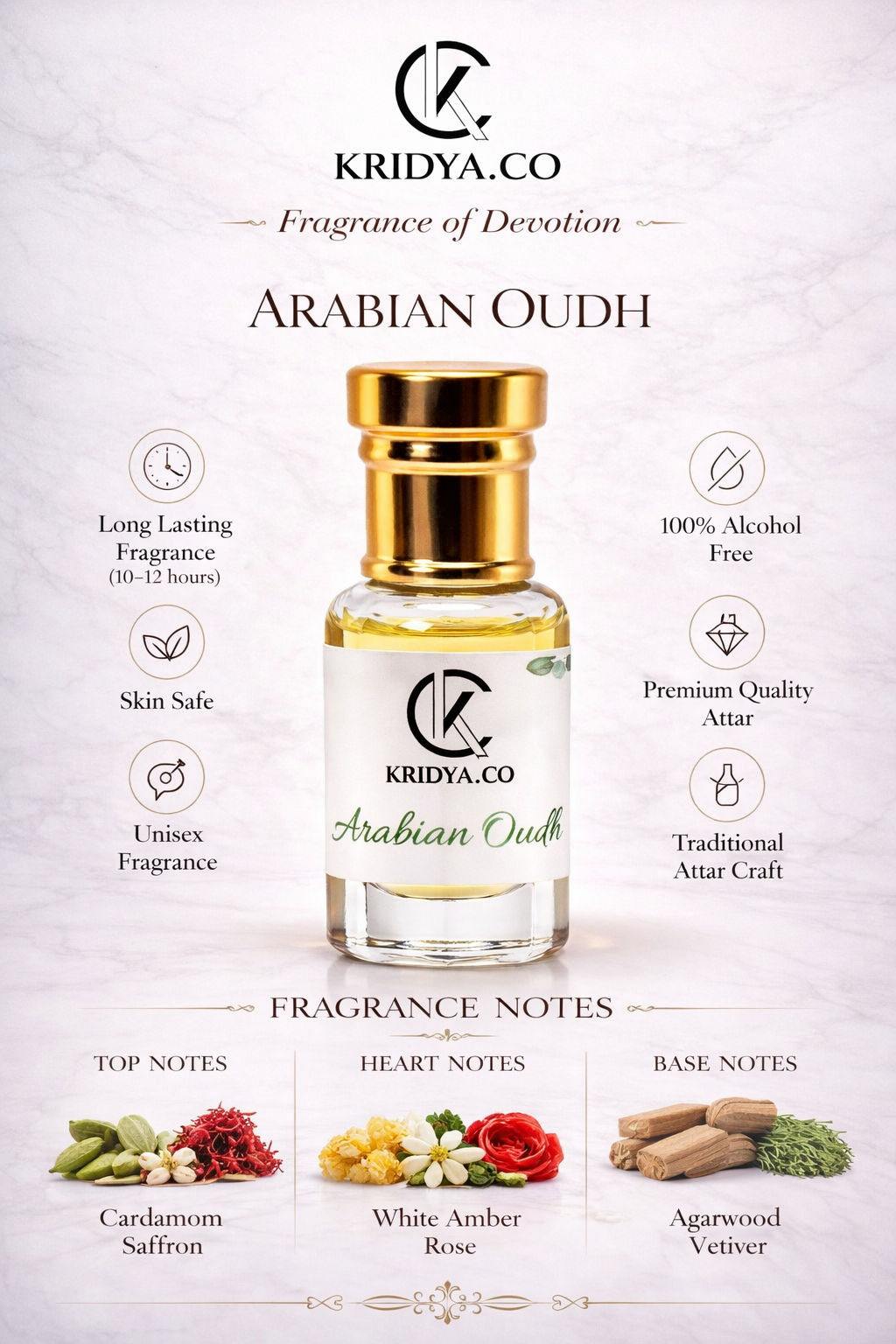 KRIDYA.CO Arabian Oud Attar – Luxury Alcohol-Free Perfume Oil | Rich Woody Perfume Oil