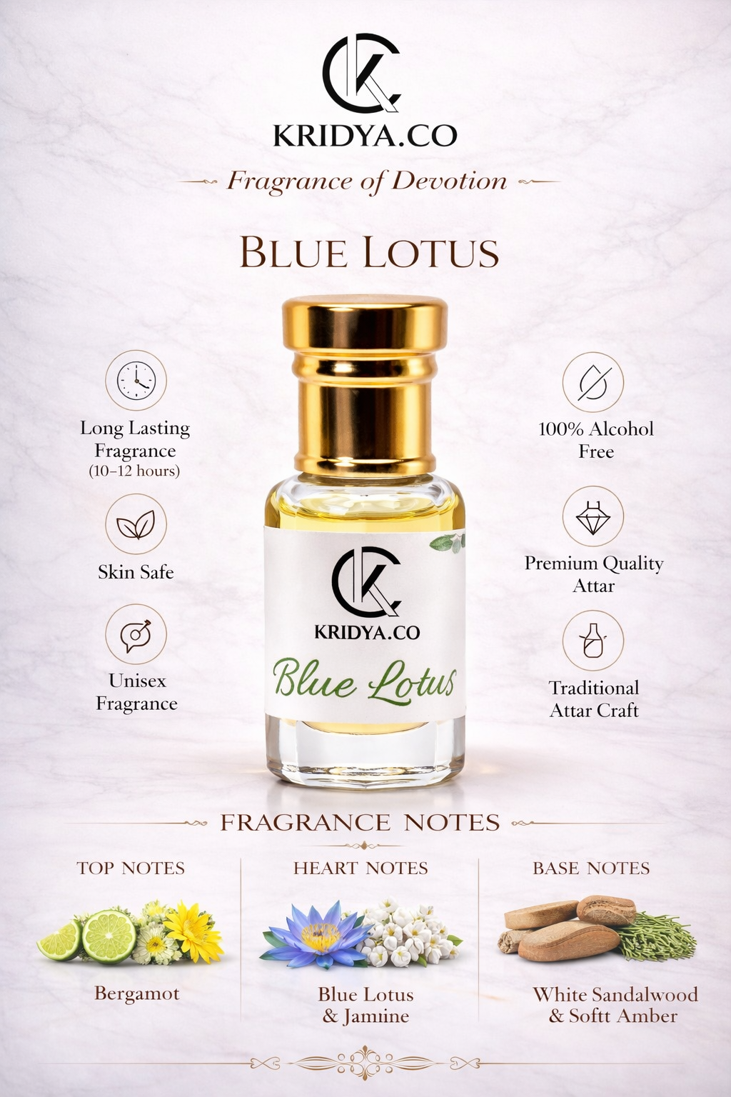 KRIDYA.CO Premium Blue Lotus Attar – Floral Aquatic Perfume Oil