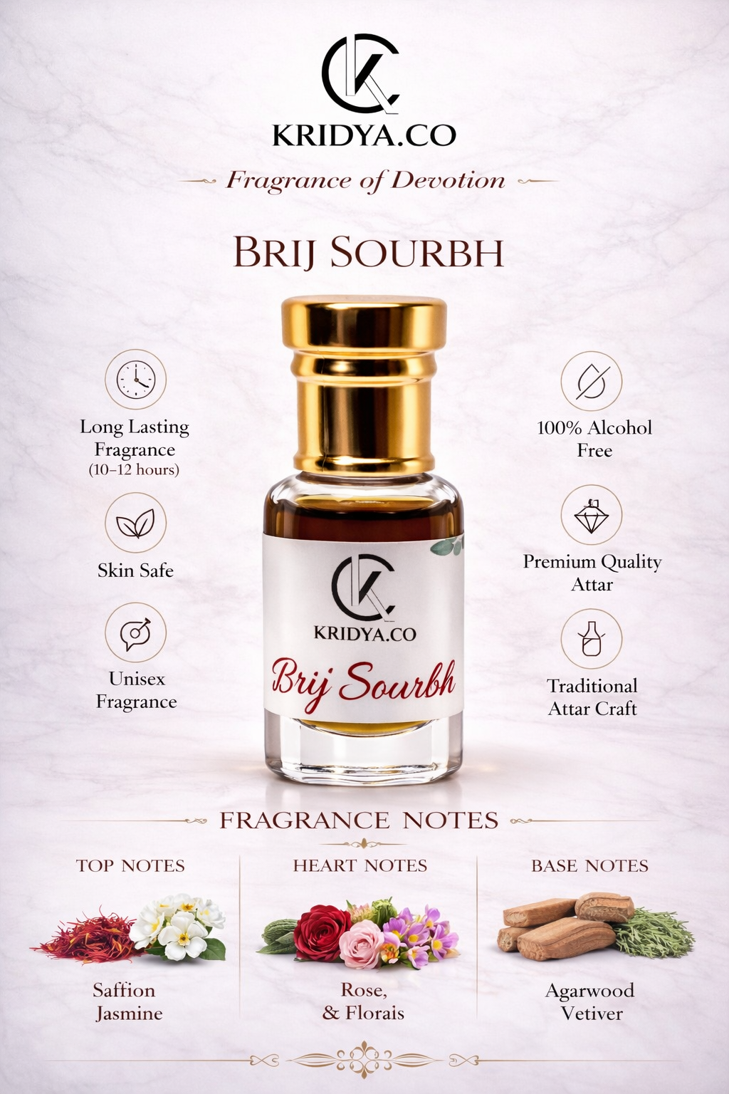 KRIDYA.CO Brij Sourbh Attar – Premium Long Lasting Alcohol-Free Perfume Oil