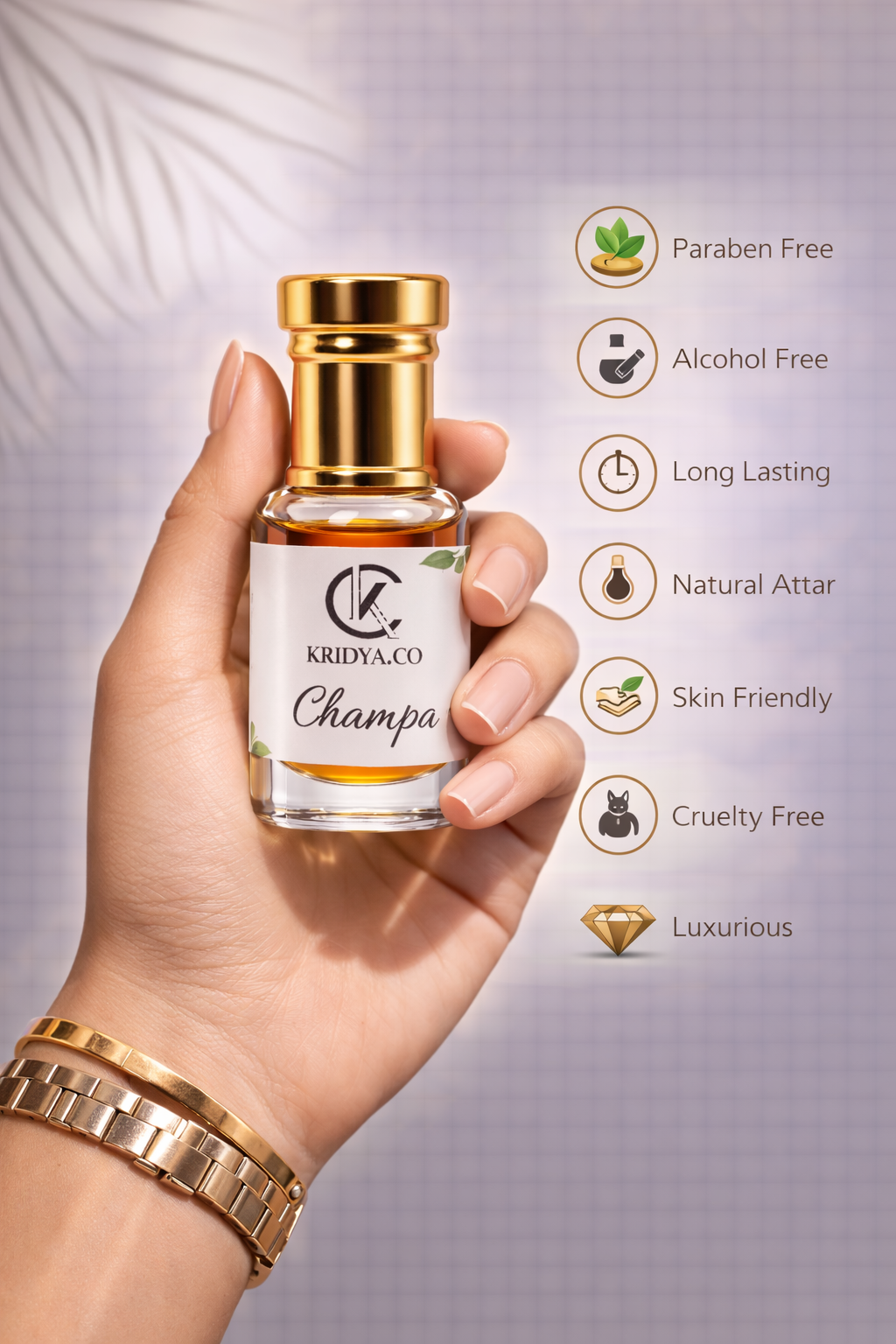 KRIDYA.CO Premium Champa Attar – Exotic Floral Perfume Oil | Alcohol-Free Perfume Oil