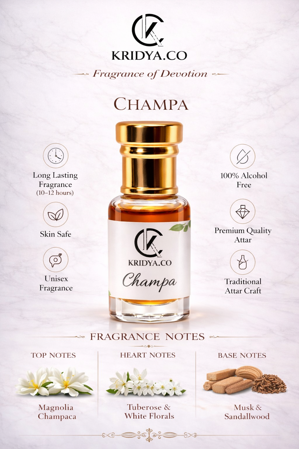 KRIDYA.CO Premium Champa Attar – Exotic Floral Perfume Oil | Alcohol-Free Perfume Oil
