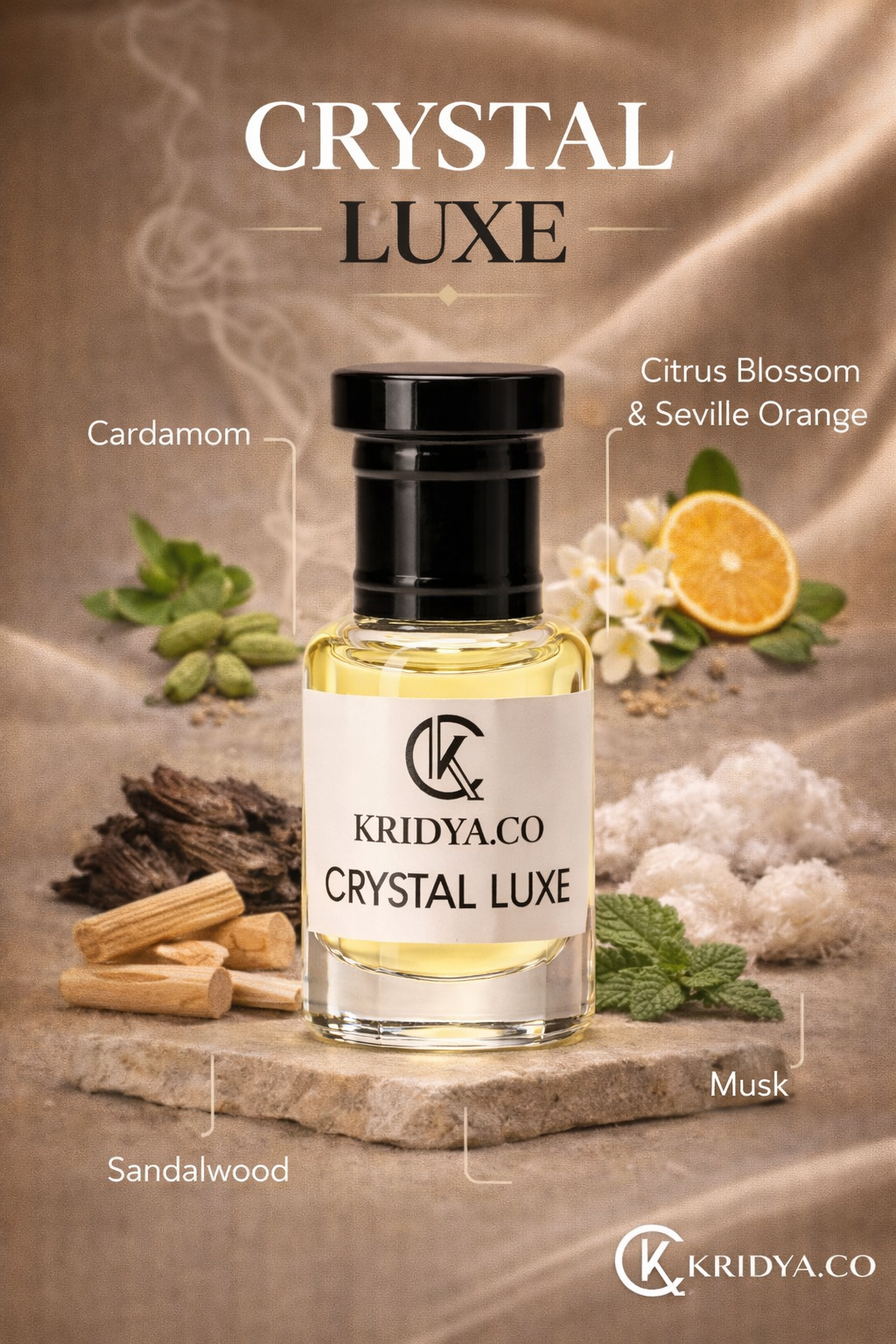 KRIDYA.CO Crystal Luxe Attar – Premium Long Lasting Alcohol-Free Perfume Oil | Luxury Amber Floral Perfume Oil