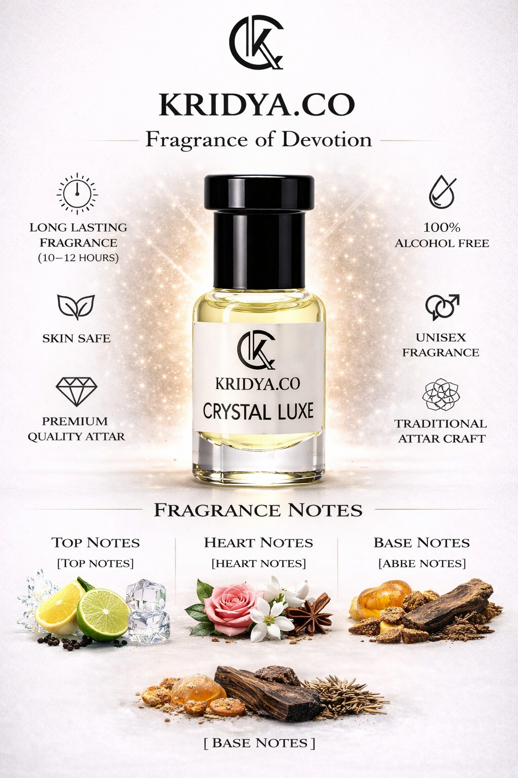 KRIDYA.CO Crystal Luxe Attar – Premium Long Lasting Alcohol-Free Perfume Oil | Luxury Amber Floral Perfume Oil