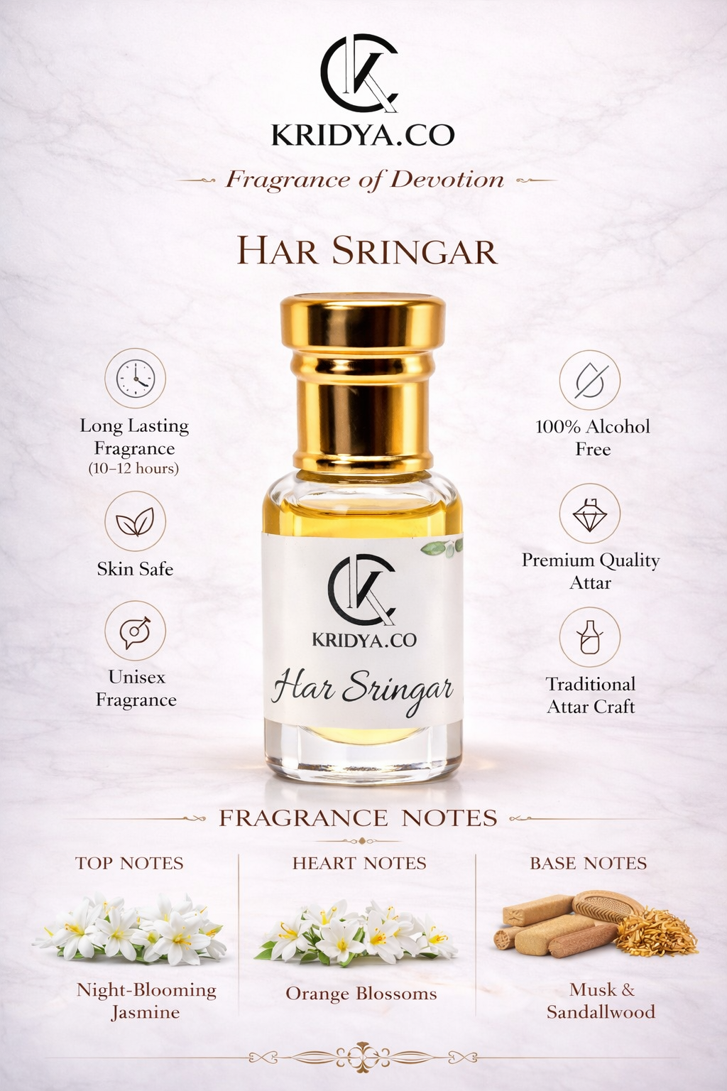 KRIDYA.CO Har Shringar Attar – Premium Long Lasting Alcohol-Free Perfume Oil