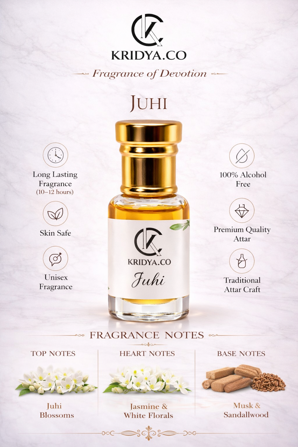 KRIDYA.CO Juhi Attar – Premium Long Lasting Alcohol-Free Perfume Oil | White Floral Perfume Oil