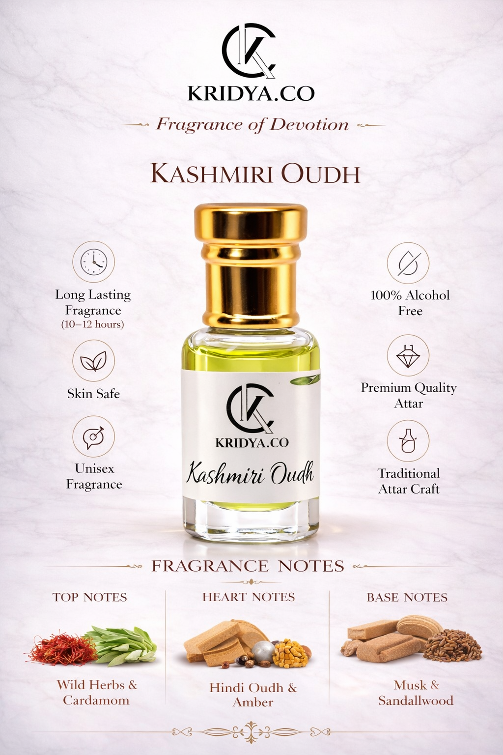 KRIDYA.CO Premium Kashmiri Oudh Attar – Luxury Woody Perfume Oil