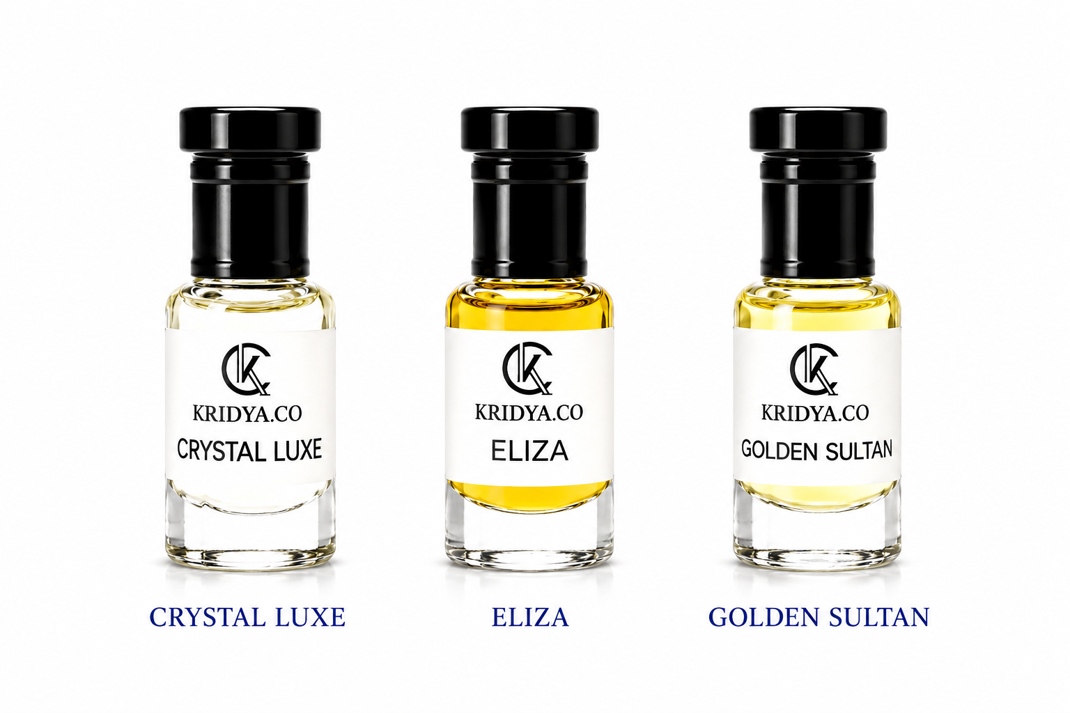KRIDYA.CO Luxury Attar Combo Pack – Crystal Luxe, Eliza & Golden Sultan - 3 x 3ml