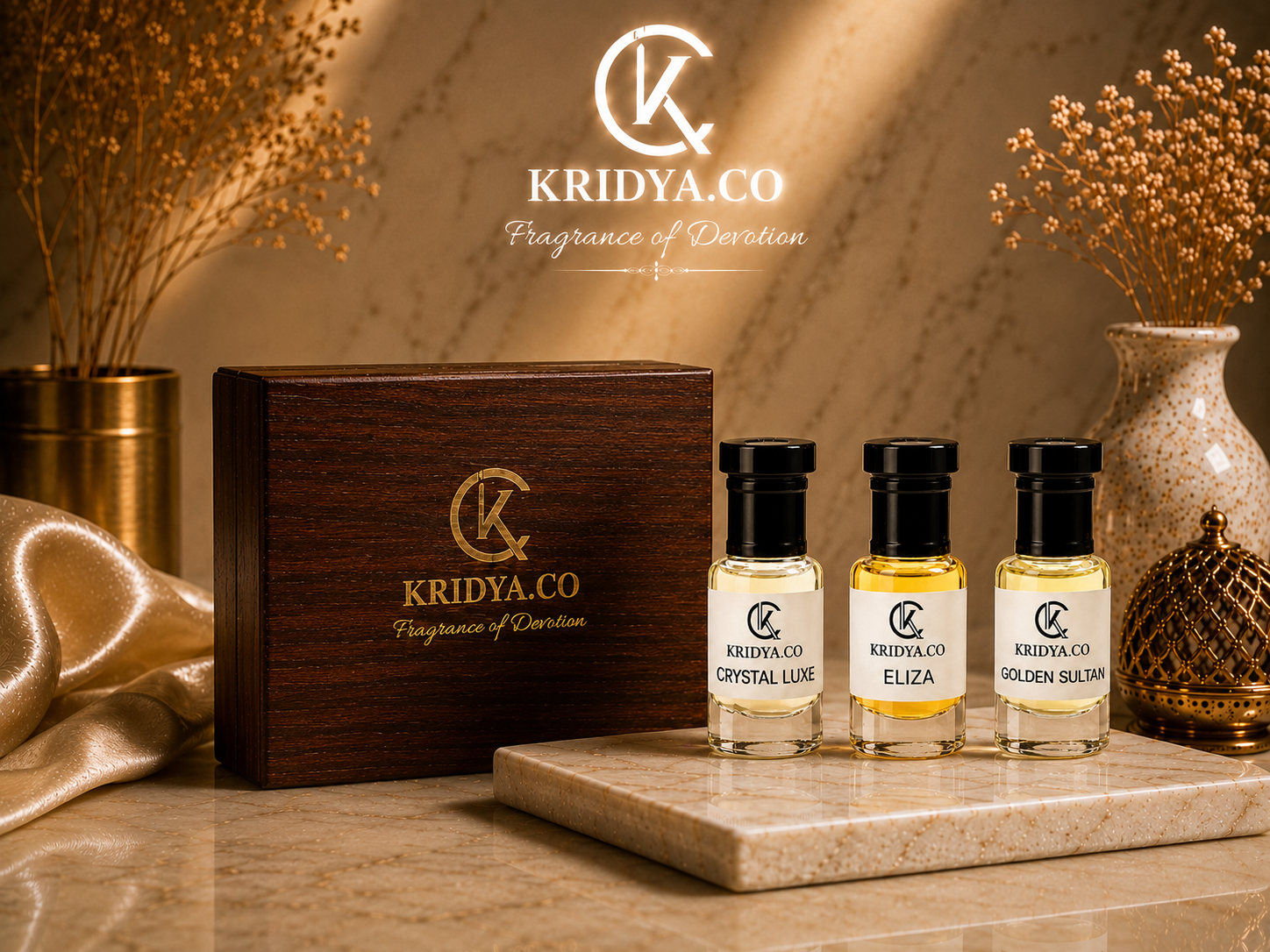 KRIDYA.CO Luxury Attar Combo Pack – Crystal Luxe, Eliza & Golden Sultan - 3 x 3ml