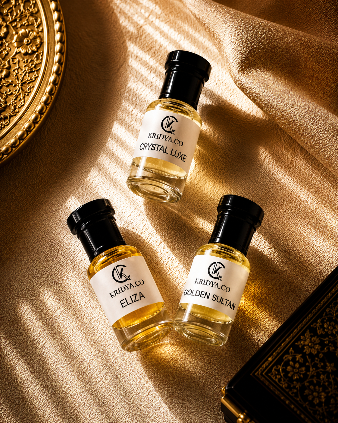 KRIDYA.CO Luxury Attar Combo Pack – Crystal Luxe, Eliza & Golden Sultan - 3 x 3ml