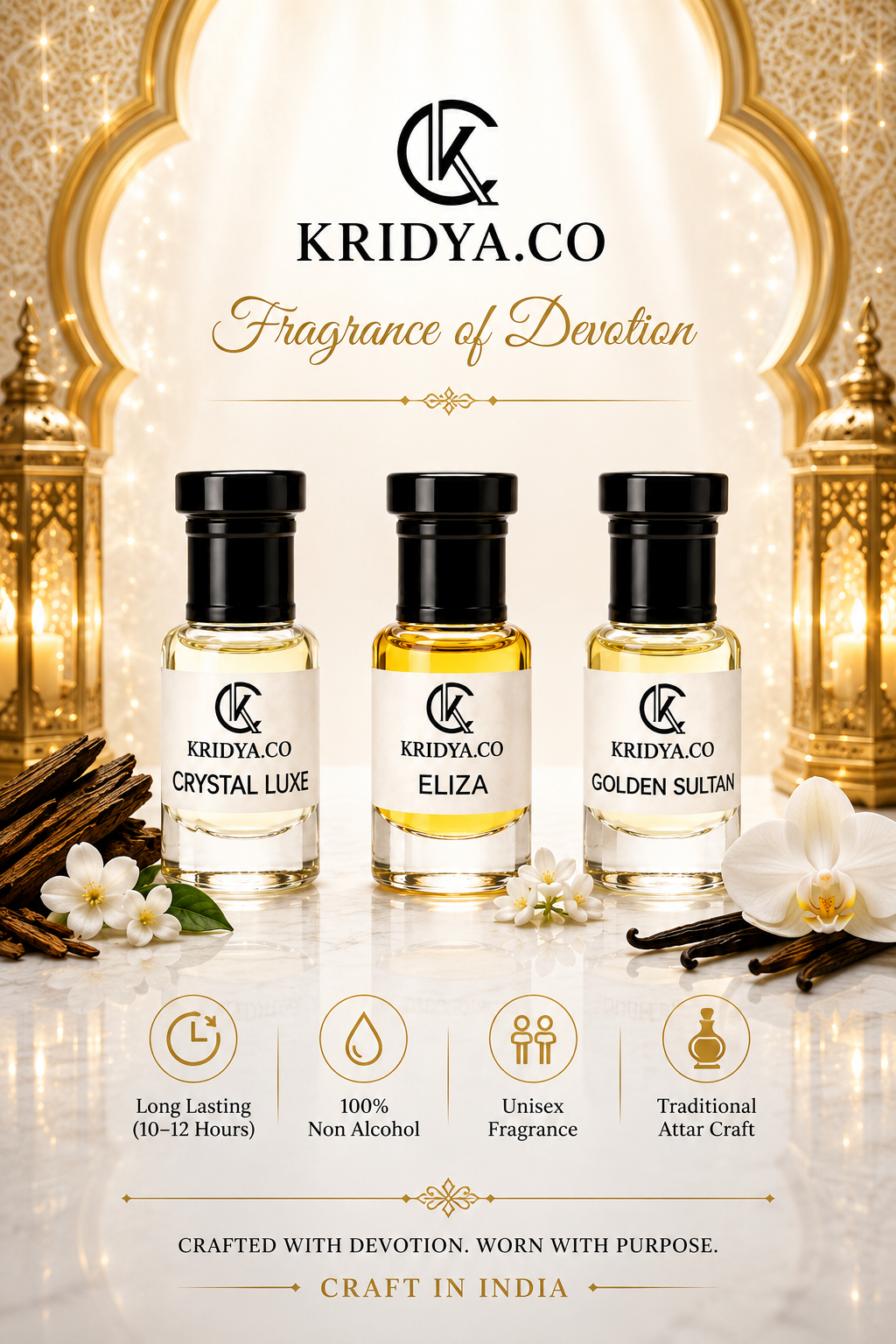 KRIDYA.CO Luxury Attar Combo Pack – Crystal Luxe, Eliza & Golden Sultan - 3 x 3ml