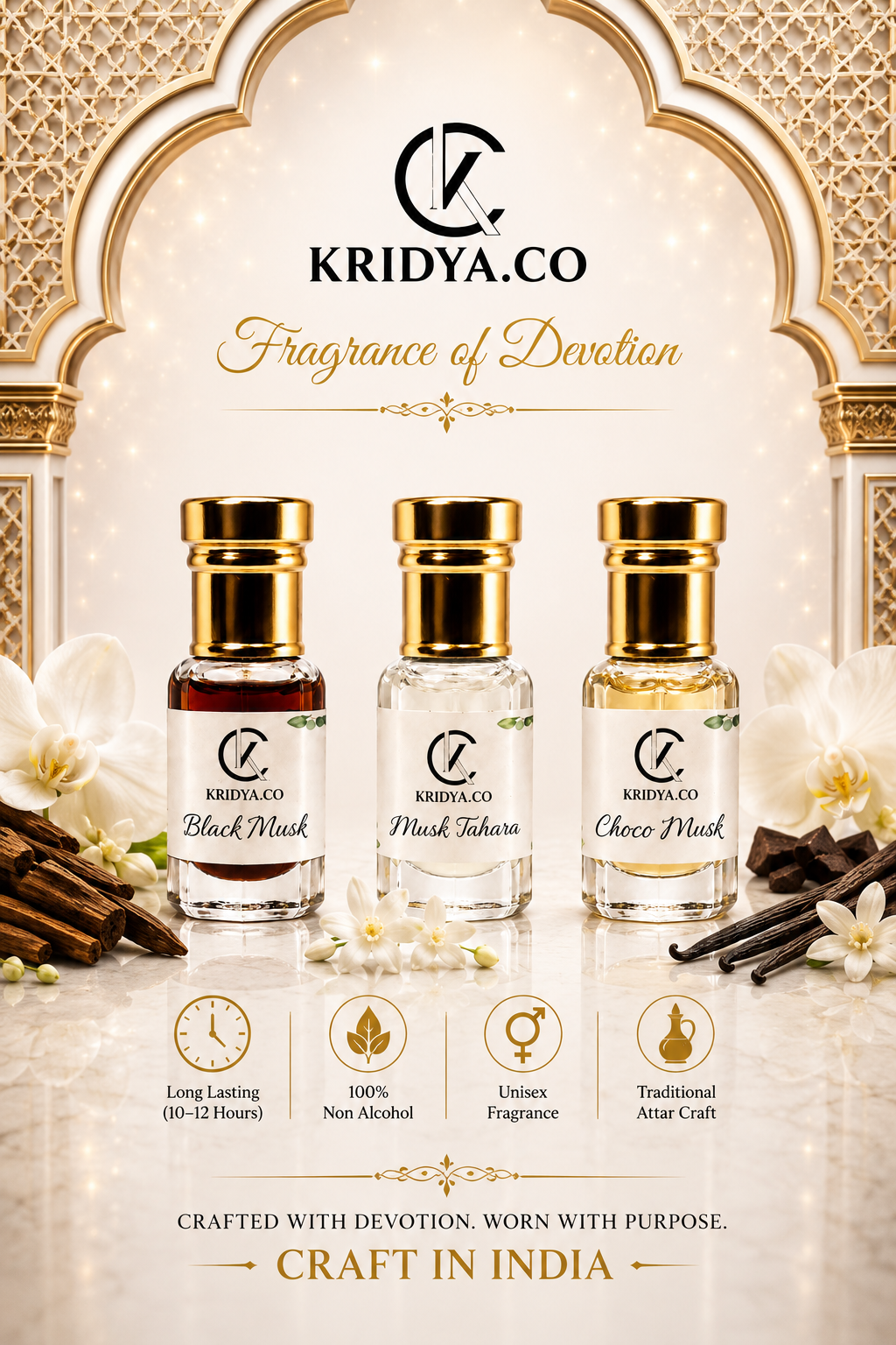 KRIDYA.CO Luxury Musk Attar Collection –3 x 3ml