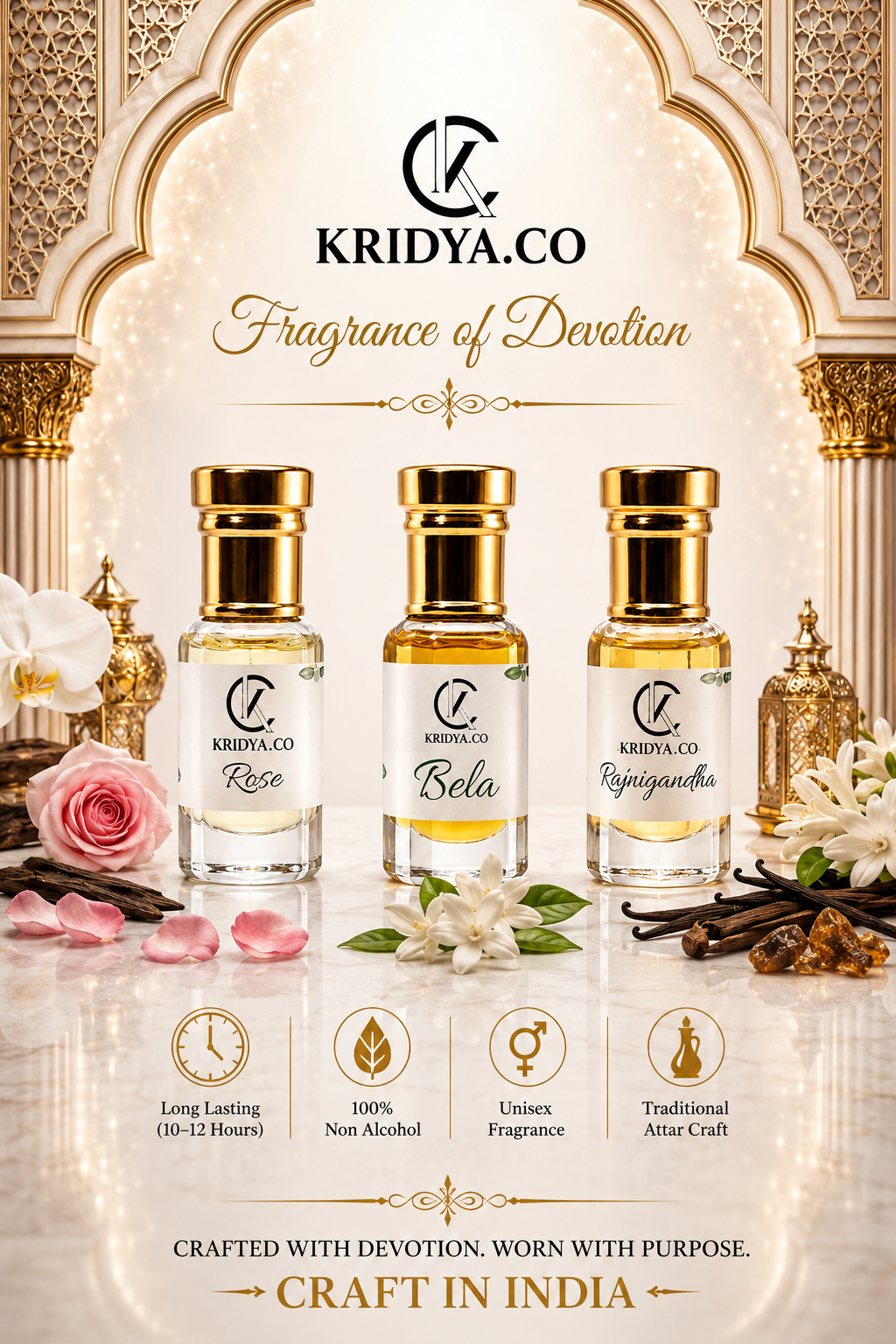 KRIDYA.CO Classic Indian Floral Attar Combo- 3 Attar x 3 ml