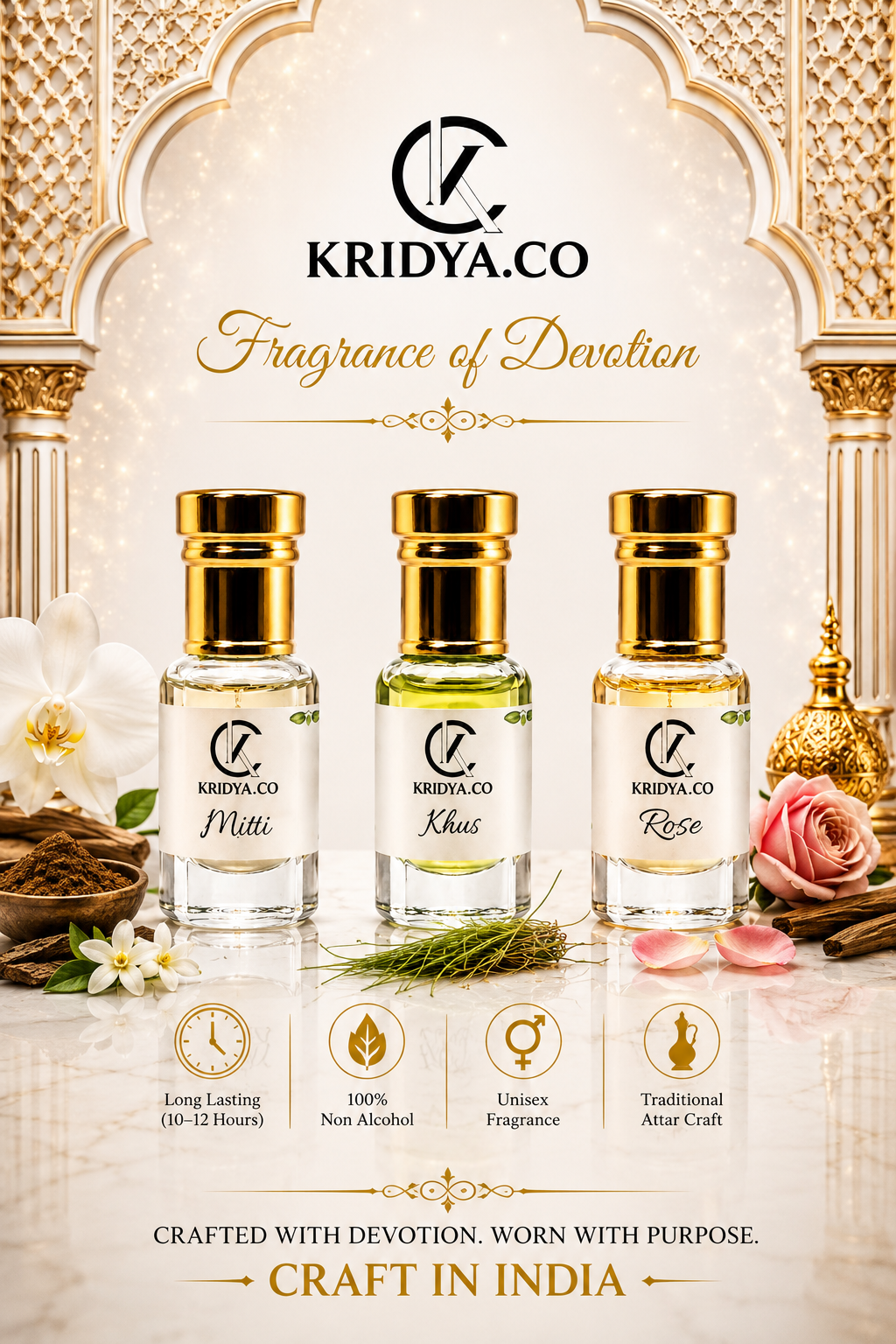 KRIDYA.CO Heritage Attar Combo ,Mitti,Khus & Rose-3 x 3ml