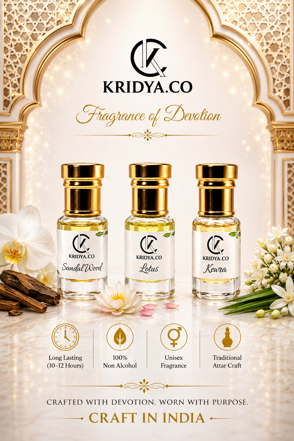 KRIDYA.CO Traditional Floral & Woody Attar Combo Set -3 x 3ml