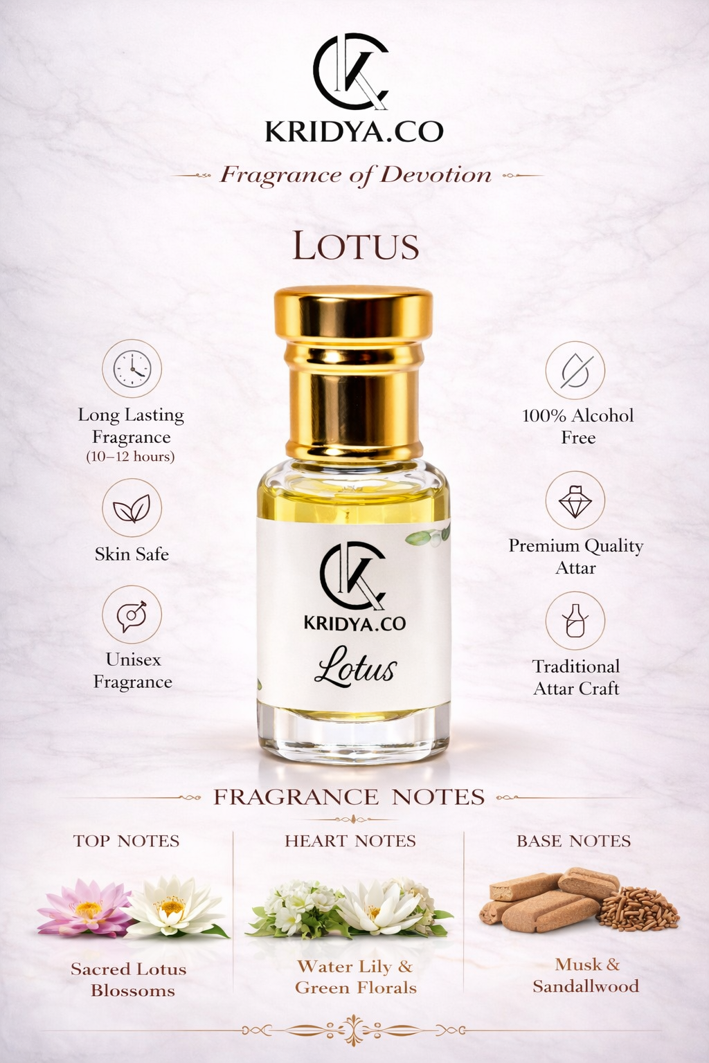 KRIDYA.CO Lotus Attar – Premium Long Lasting Alcohol-Free Perfume Oil