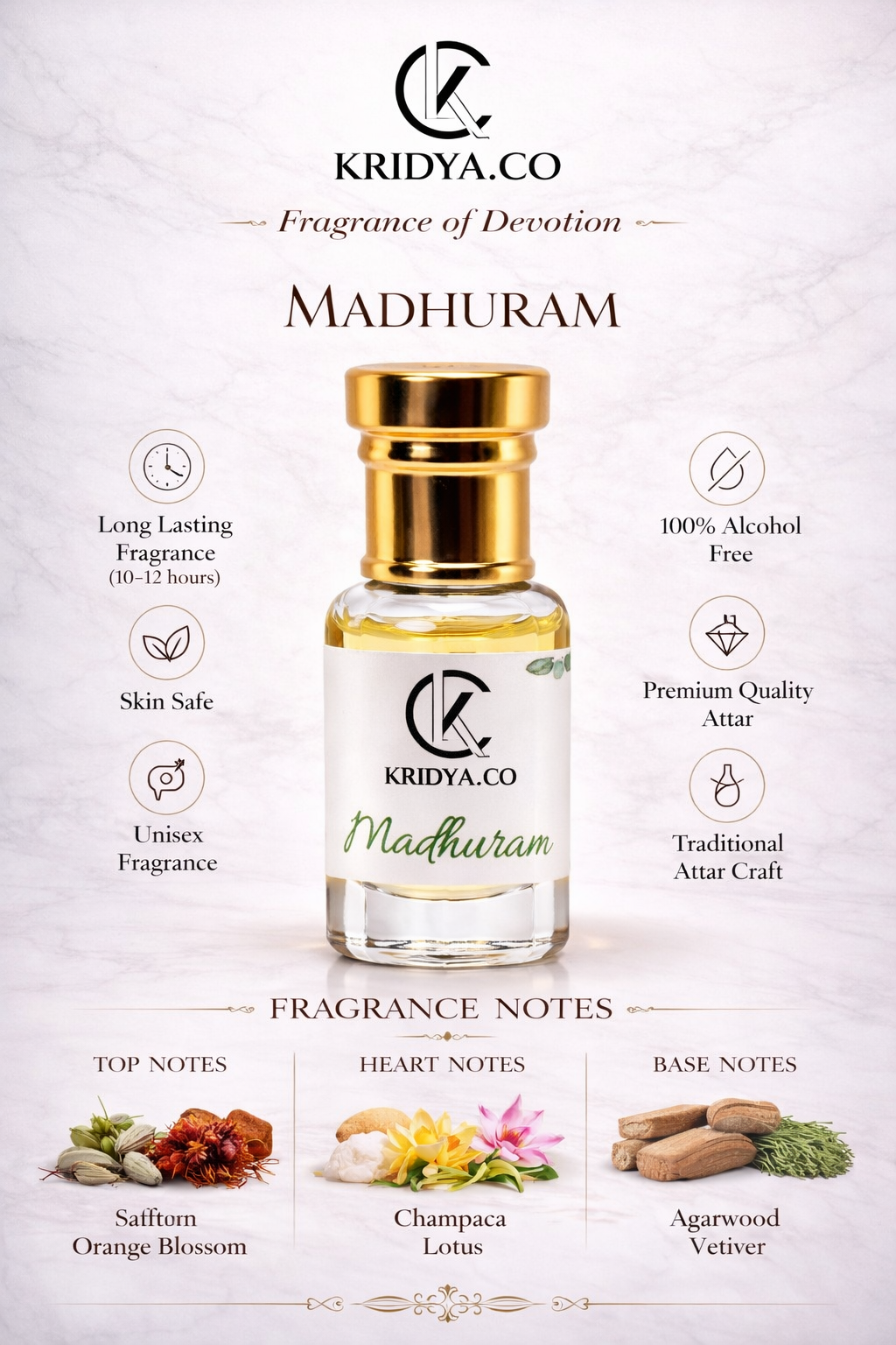 KRIDYA.CO Brij Madhuri Attar – Luxury Floral Oriental Perfume Oil | Premium Alcohol-Free Perfume Oil