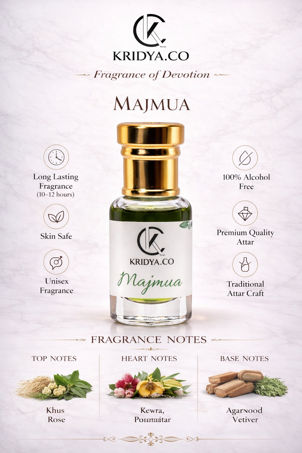 KRIDYA.CO Premium Majmua Attar – Traditional Herbal Woody Perfume Oil | Alcohol-Free Oriental Perfume Oil