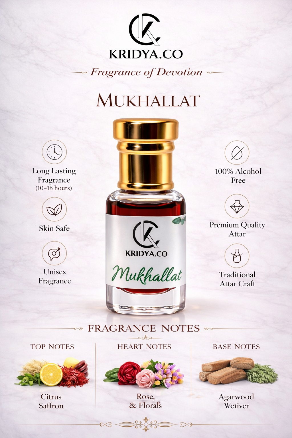 KRIDYA.CO Premium Mukhallat Attar – Luxury Oriental Perfume Oil | Alcohol-Free Attar