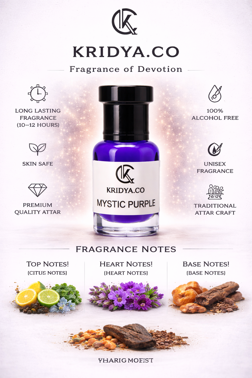 KRIDYA.CO Premium Purple Attar – Rich Woody Oriental Alcohol-Free | Fragrance Luxury Perfume Oil