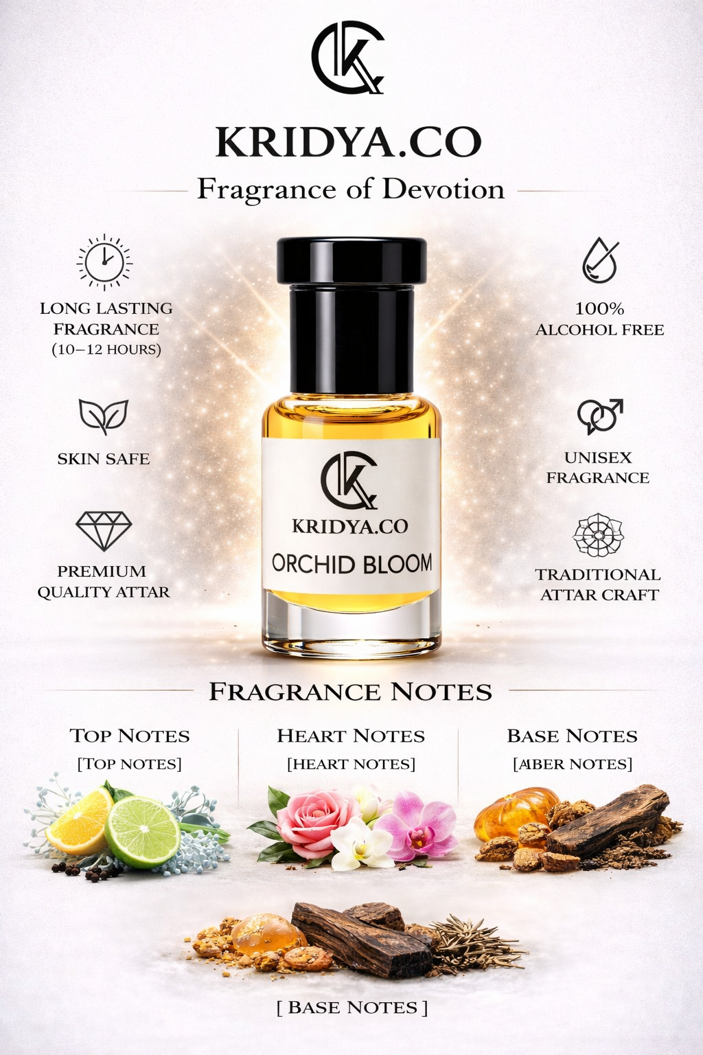 KRIDYA.CO Orchid Bloom Attar – Premium Long Lasting Alcohol-Free Perfume Oil