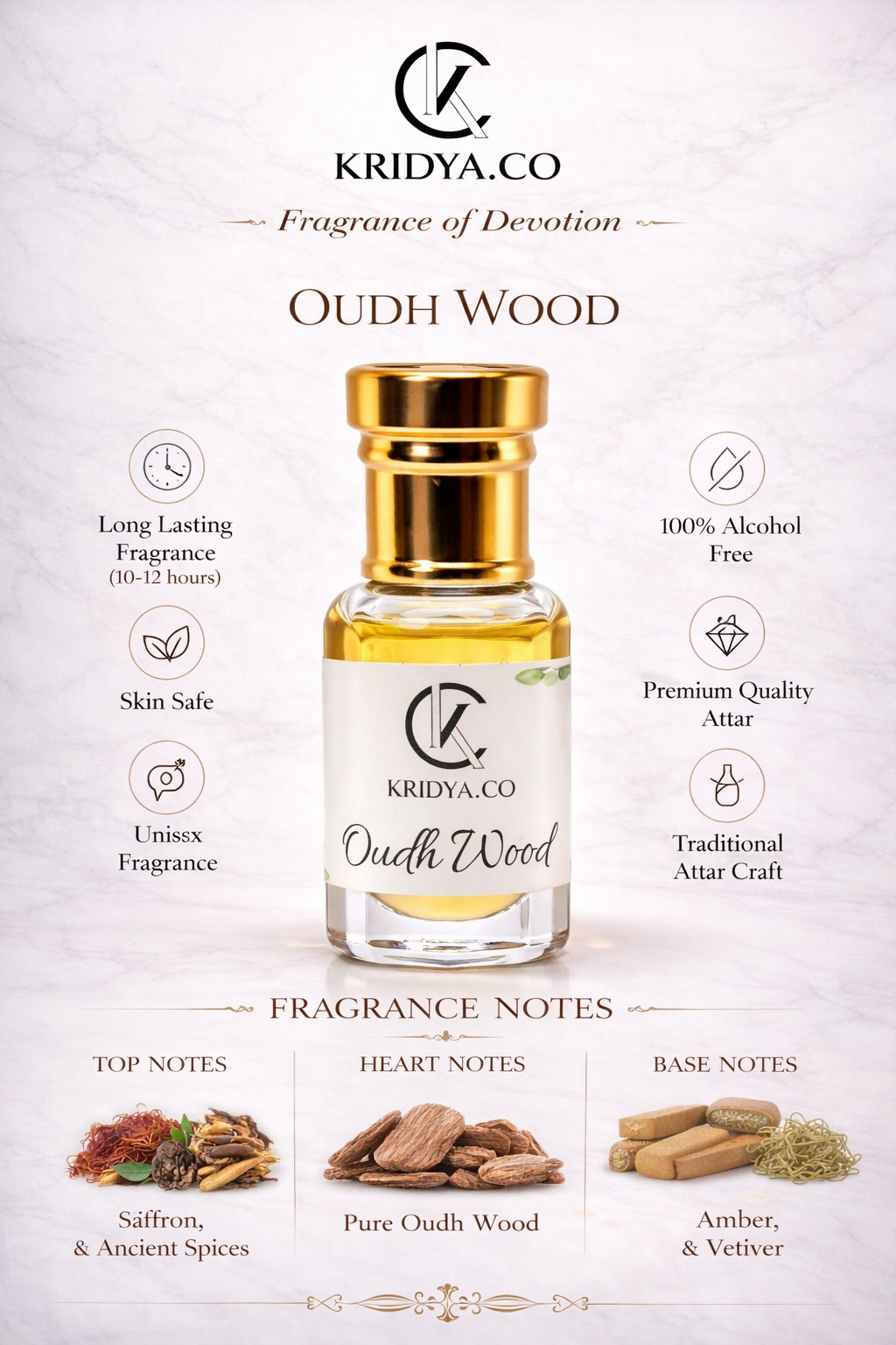 KRIDYA.CO Oudh Wood Attar – Luxury Alcohol-Free Perfume Oil