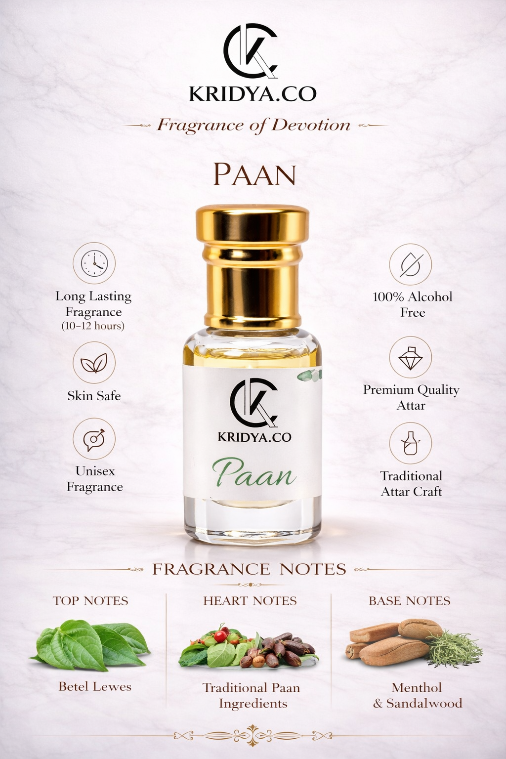 KRIDYA.CO Premium Paan Attar – Sweet Fresh Perfume Oil KRIDYA.CO Paan Attar – Alcohol-Free Oriental Fragrance