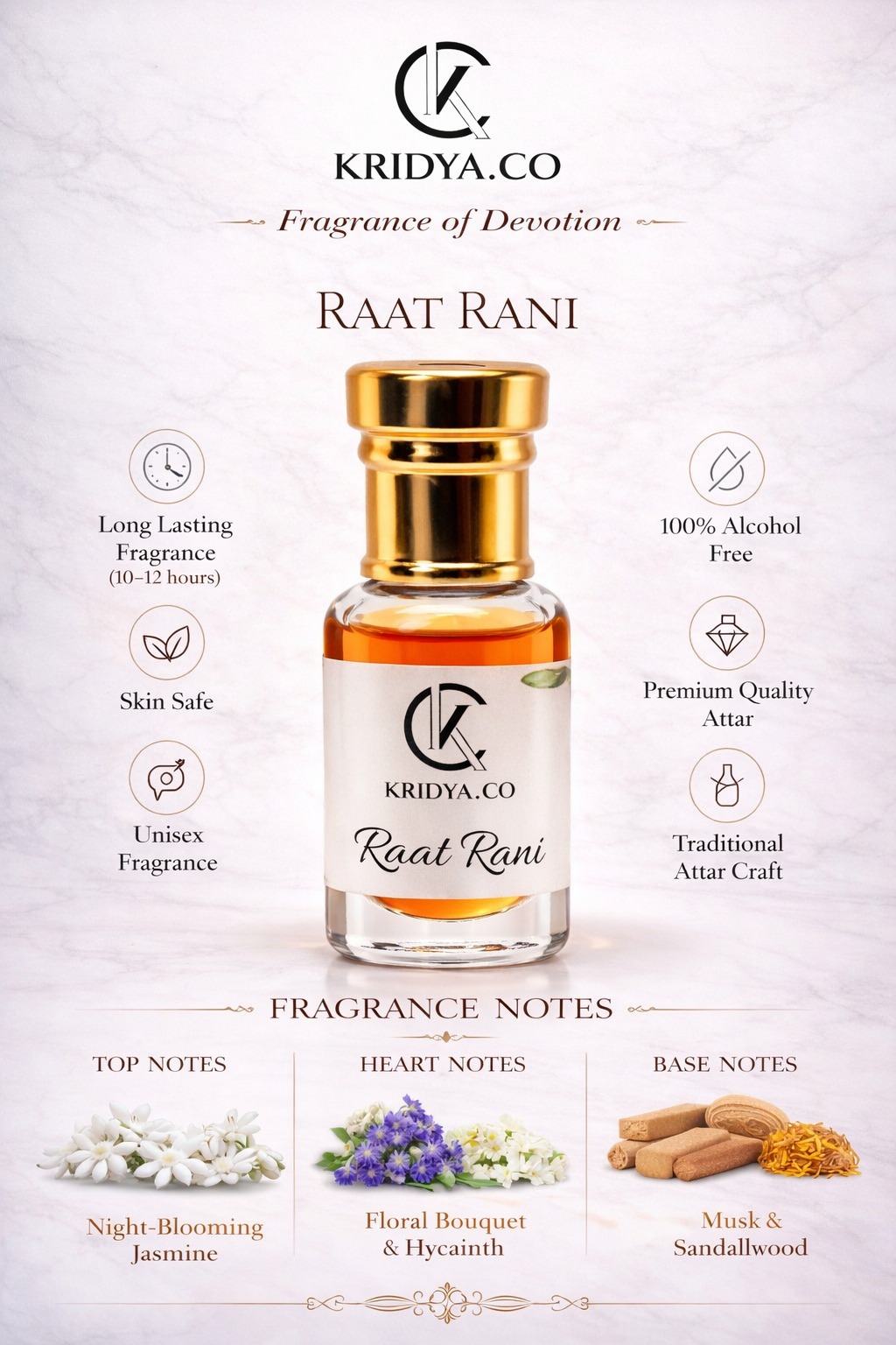 KRIDYA.CO Premium Raat Rani Attar – Night Bloom Floral Perfume Oil |  Luxury Perfume Oil |Alcohol-Free Floral Fragrance