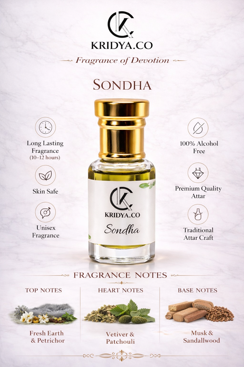 KRIDYA.CO Premium Sondha Attar – Traditional  Earthy ,Woody Perfume Oil | Alcohol-Free Perfume Oil
