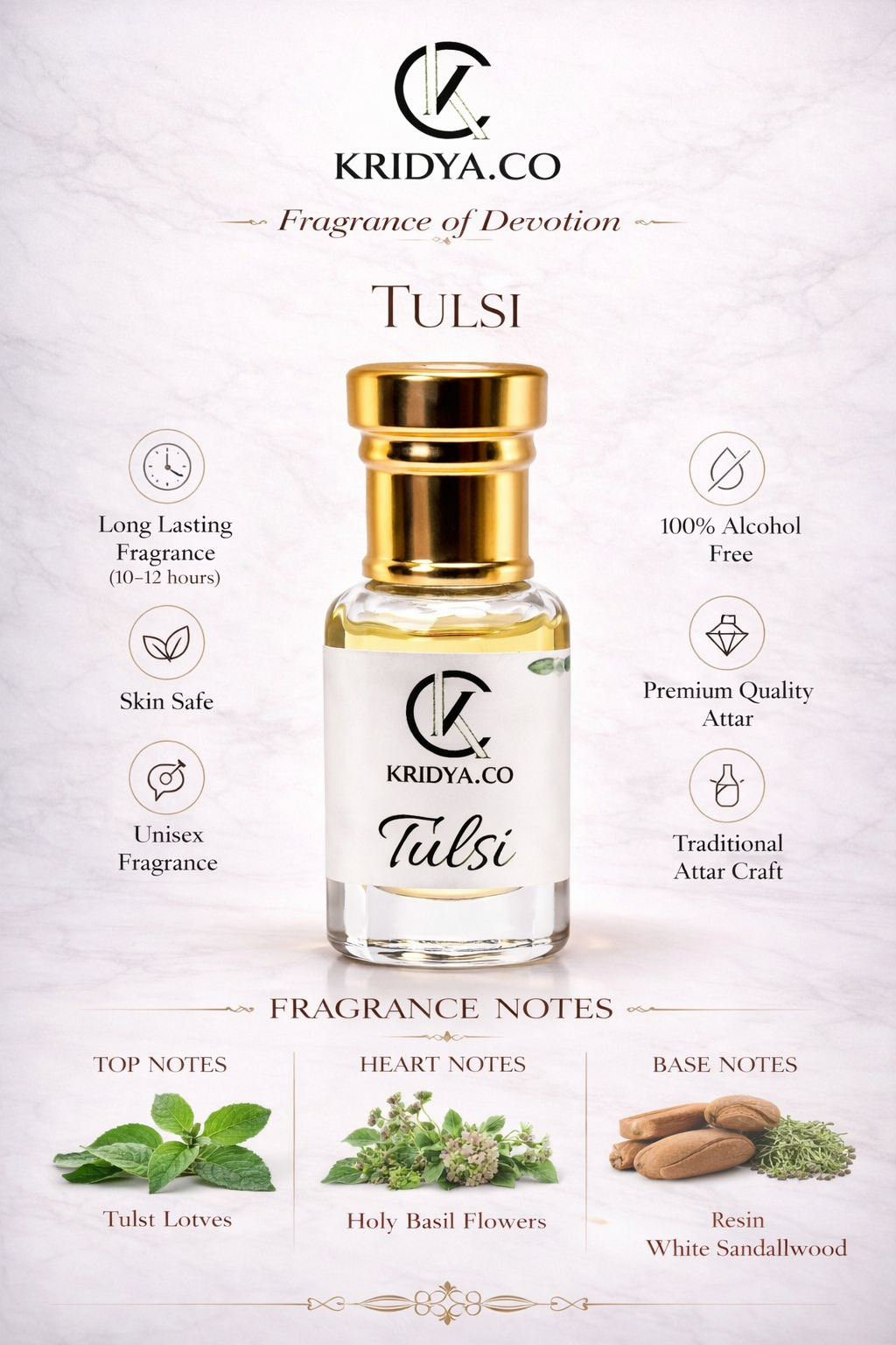 KRIDYA.CO Premium Tulsi Attar – Herbal Aromatic Perfume Oil | Alcohol-Free Perfume Oil