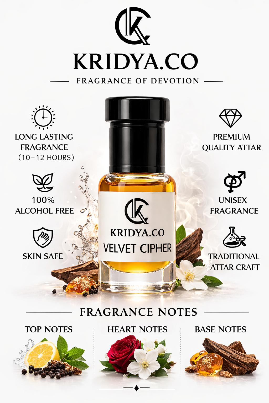 KRIDYA.CO Velvet Cipher Attar – Premium Long Lasting Alcohol-Free Perfume Oil