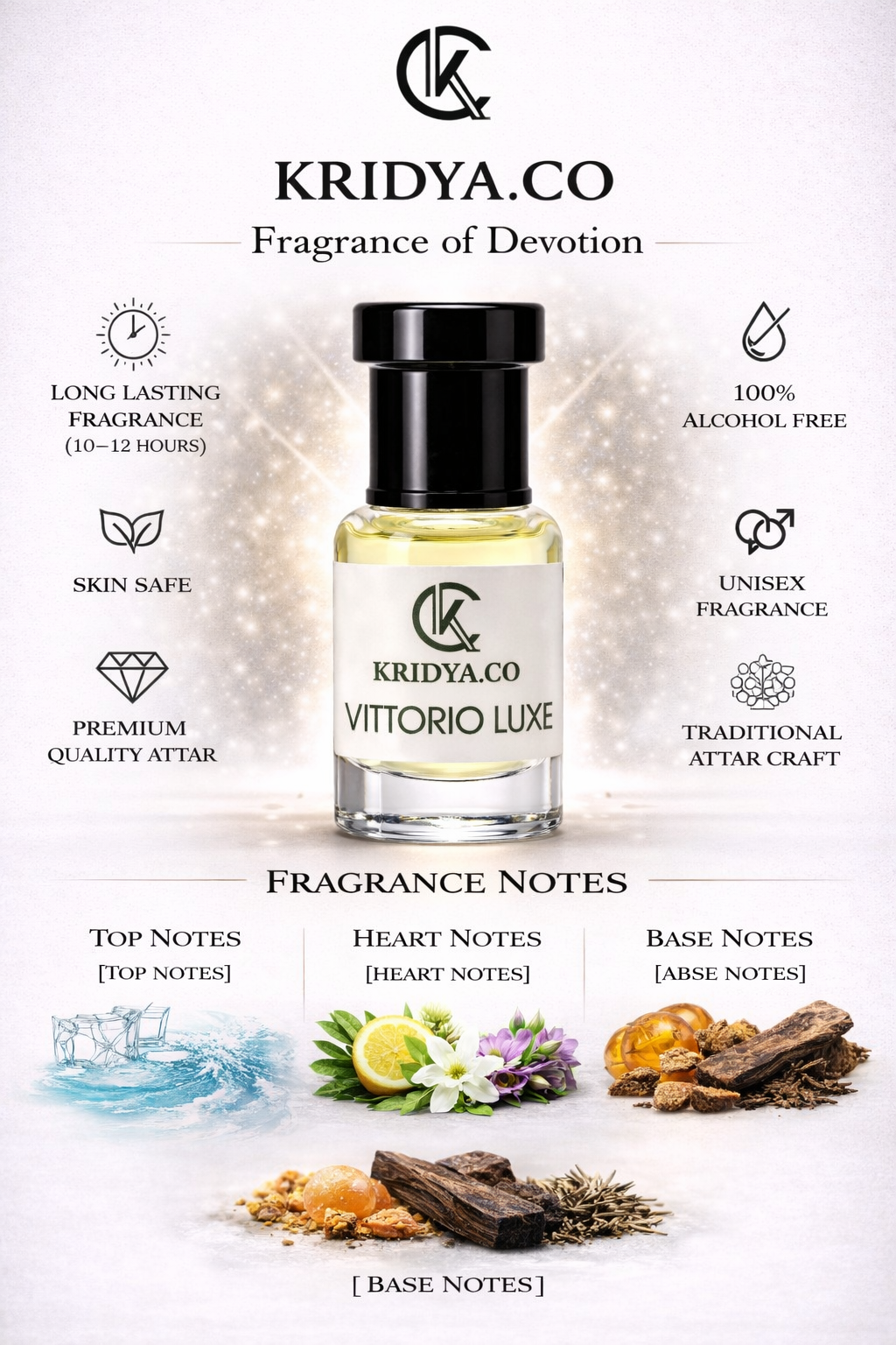 KRIDYA.CO Vittorio Luxe Attar – Premium Long Lasting Alcohol-Free Perfume Oil