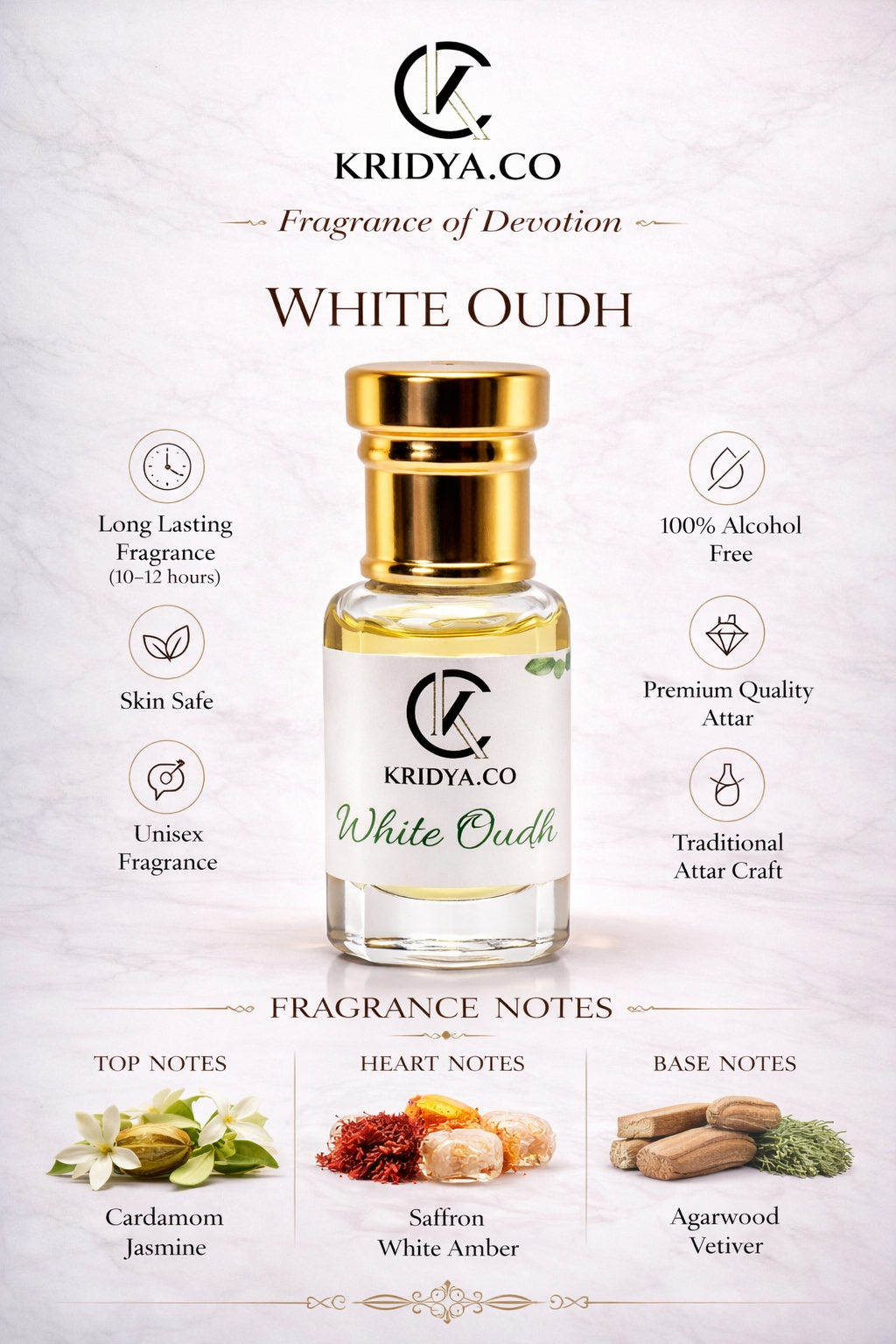 KRIDYA.CO Premium White Oudh Attar – Luxury Alcohol-Free Perfume Oil