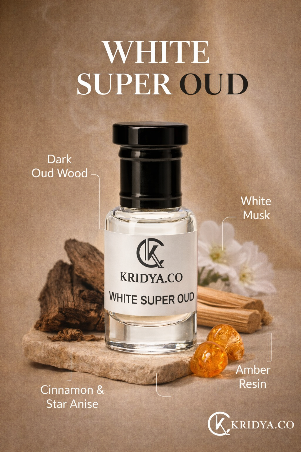 KRIDYA.CO White Super Oud – Alcohol-Free Woody Musk Perfume Oil