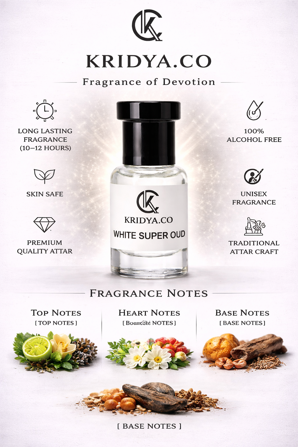 KRIDYA.CO White Super Oud – Alcohol-Free Woody Musk Perfume Oil