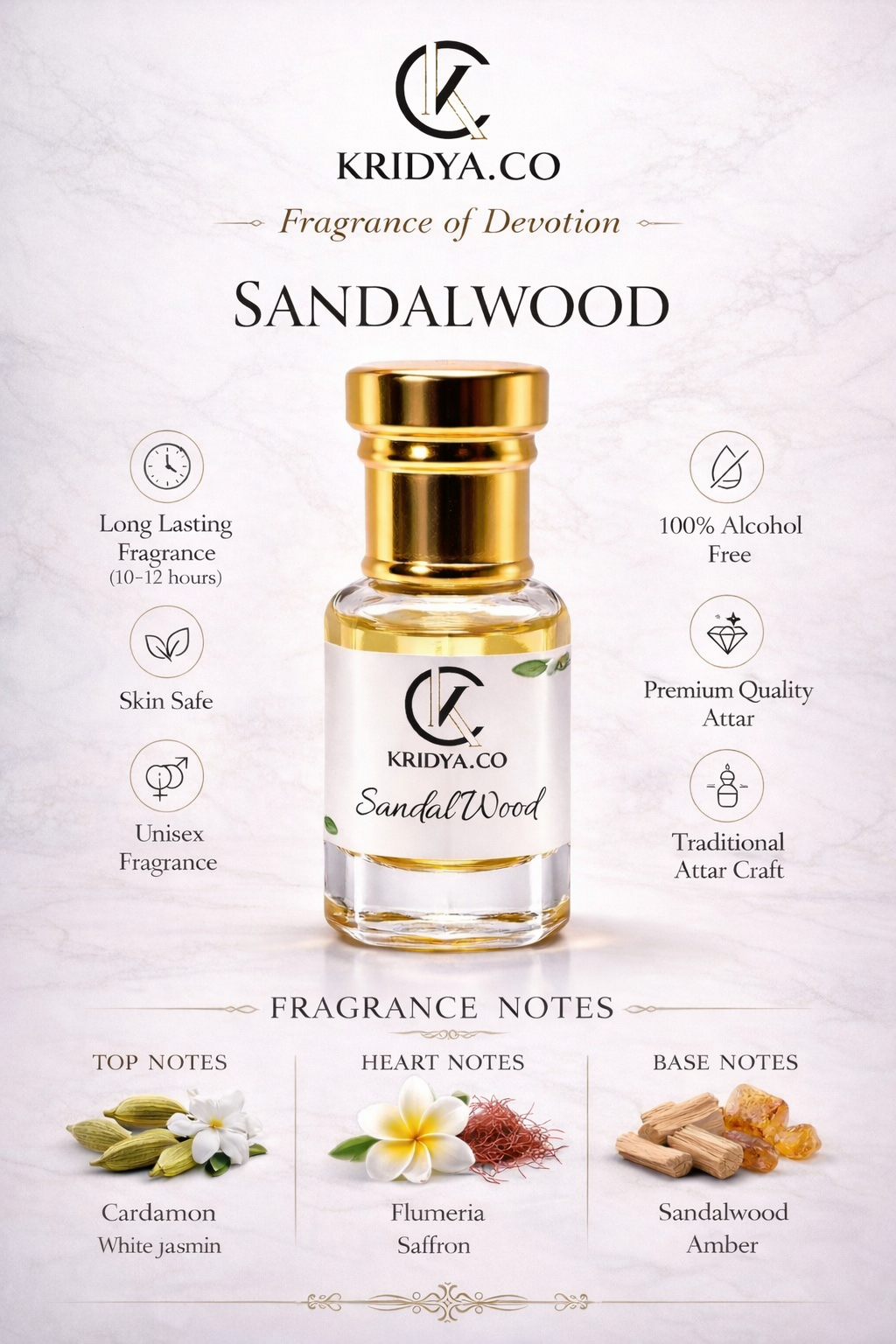KRIDYA.CO Sandalwood Attar – Premium Long Lasting Alcohol-Free Perfume Oil