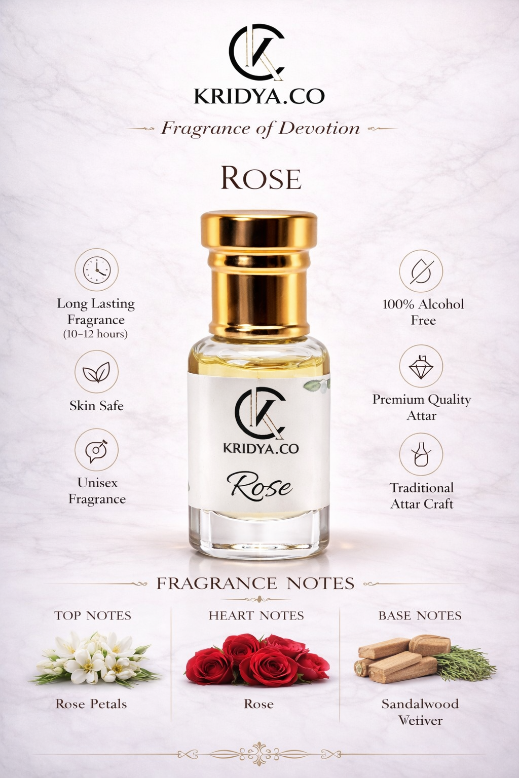 KRIDYA.CO Rose Attar – Premium Long Lasting Alcohol-Free Perfume Oil