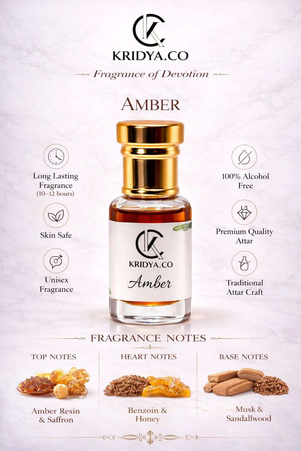 KRIDYA.CO Premium Amber Attar – Warm Oriental Perfume Oil
