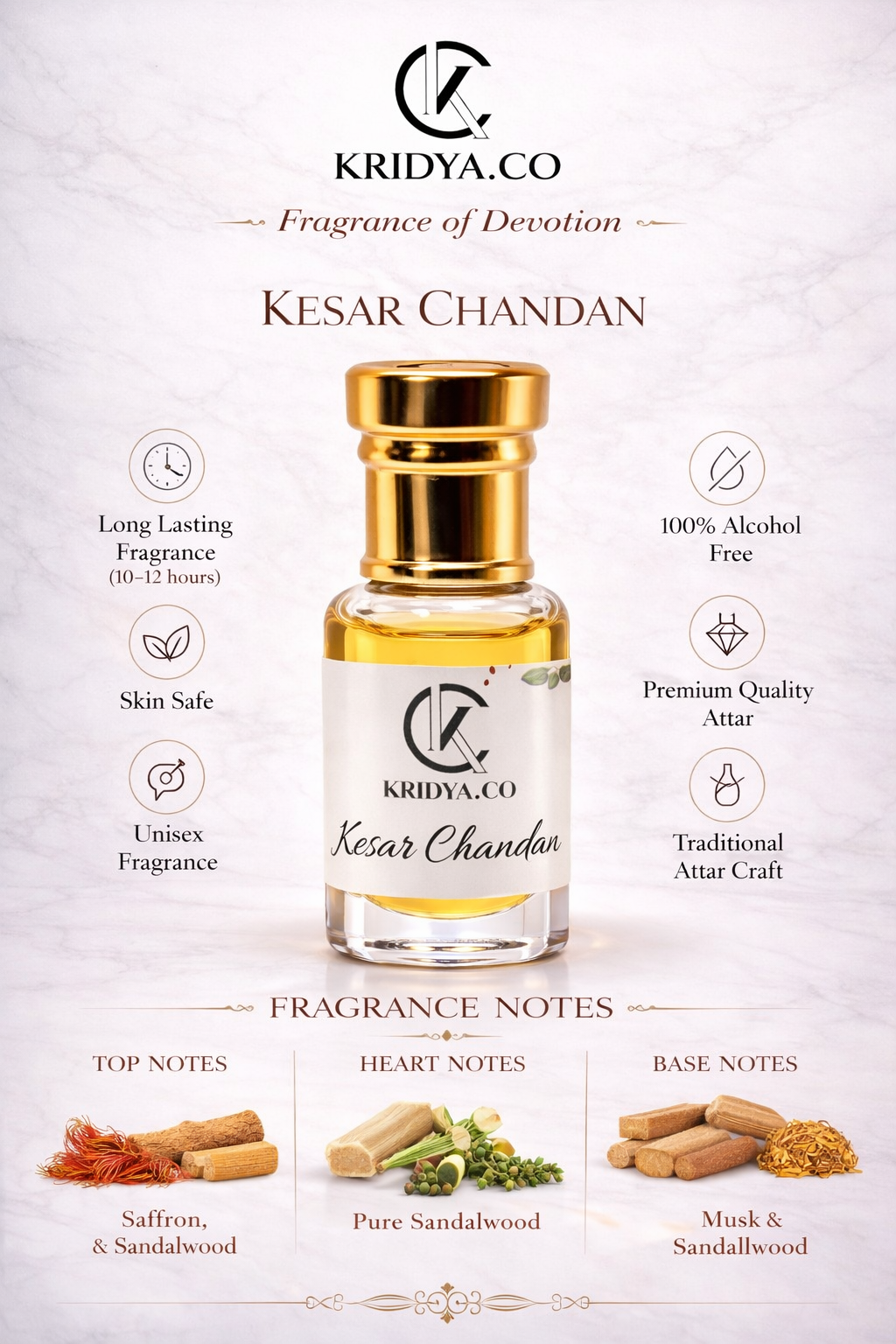 KRIDYA.CO Premium Kesar Chandan Attar – Saffron Sandalwood Perfume Oil