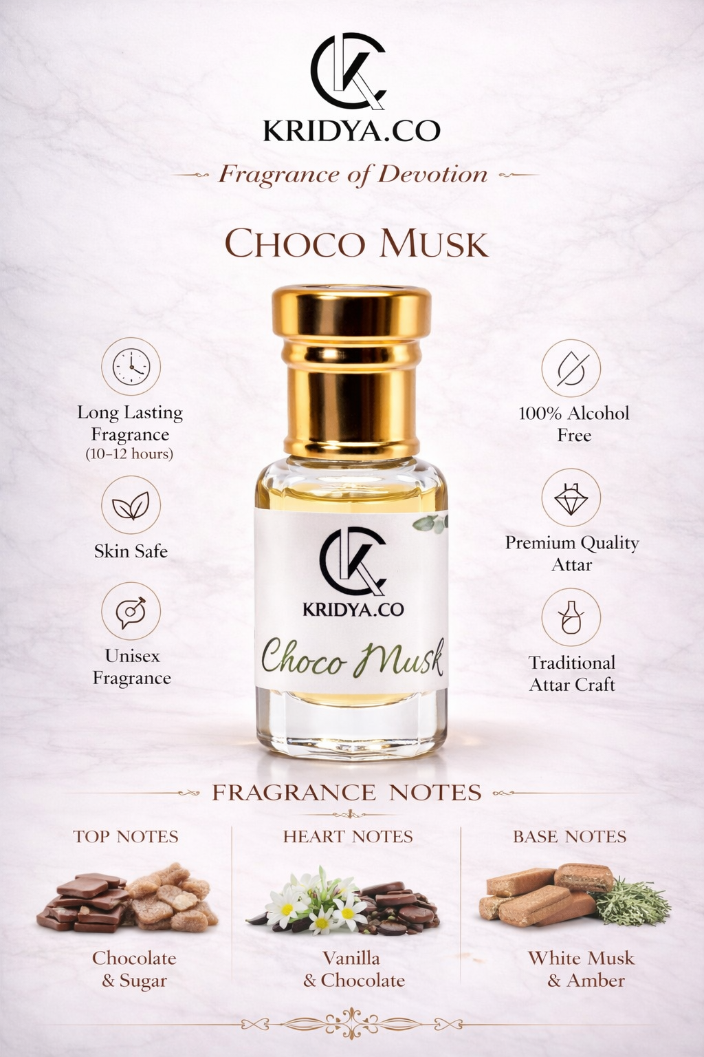 KRIDYA.CO Choco Musk Attar – Chocolate Vanilla Musky Alcohol-Free Fragrance