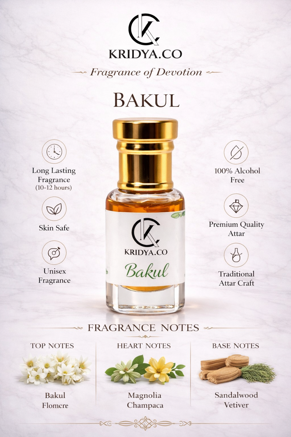 KRIDYA.CO Premium Bakul Attar – Soft Floral Perfume Oil