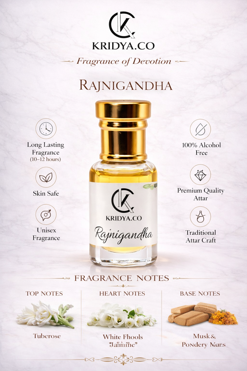 KRIDYA.CO Premium Rajanigandha Attar – Rich White Floral Perfume Oil