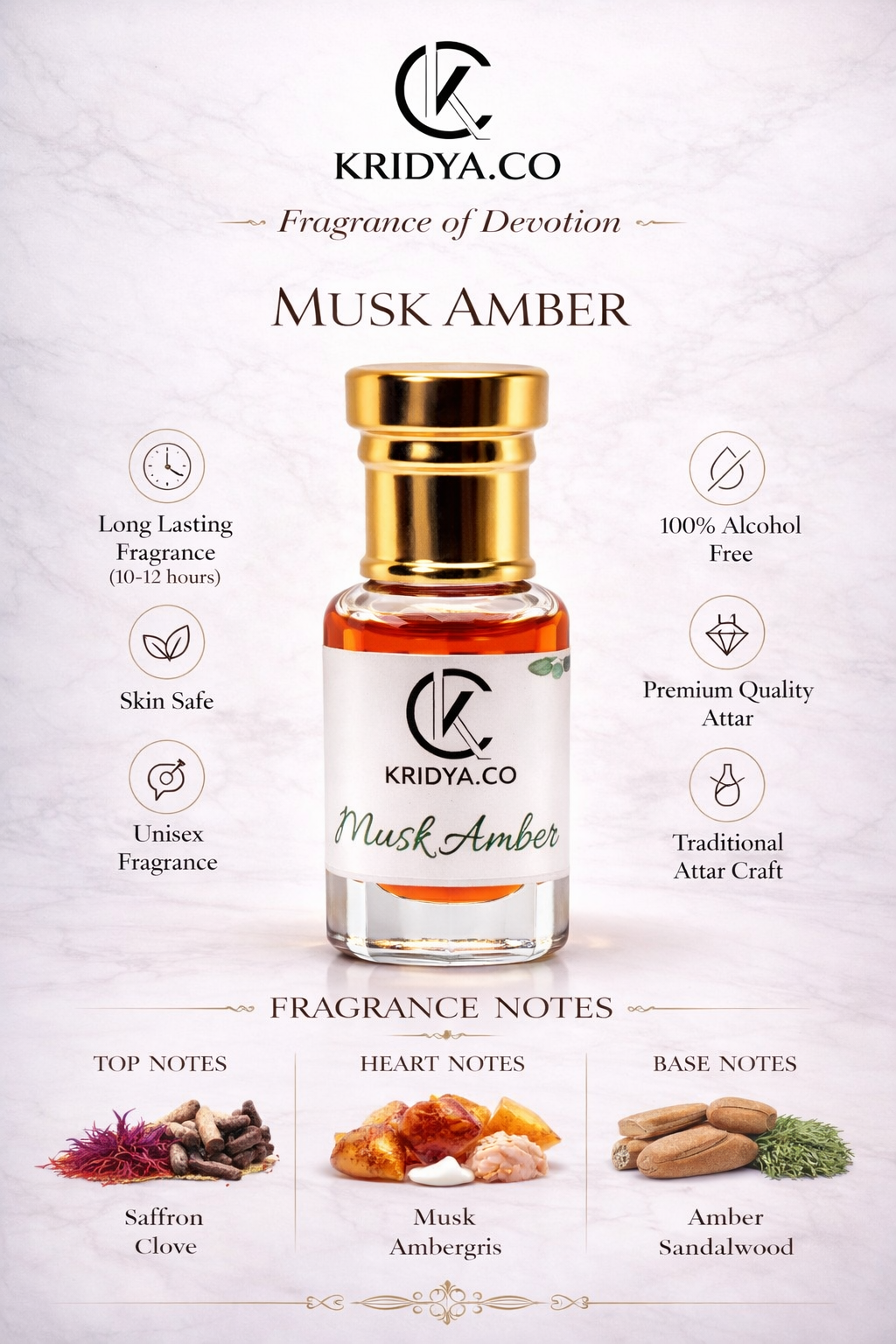 KRIDYA.CO Premium Musk Amber Attar – Warm Oriental Perfume Oil