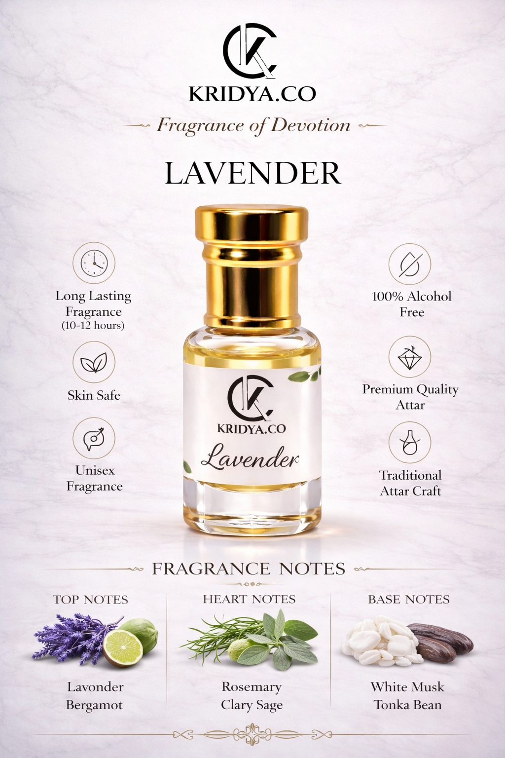 KRIDYA.CO Lavender Attar – Calming Floral Herbal Alcohol-Free Fragrance