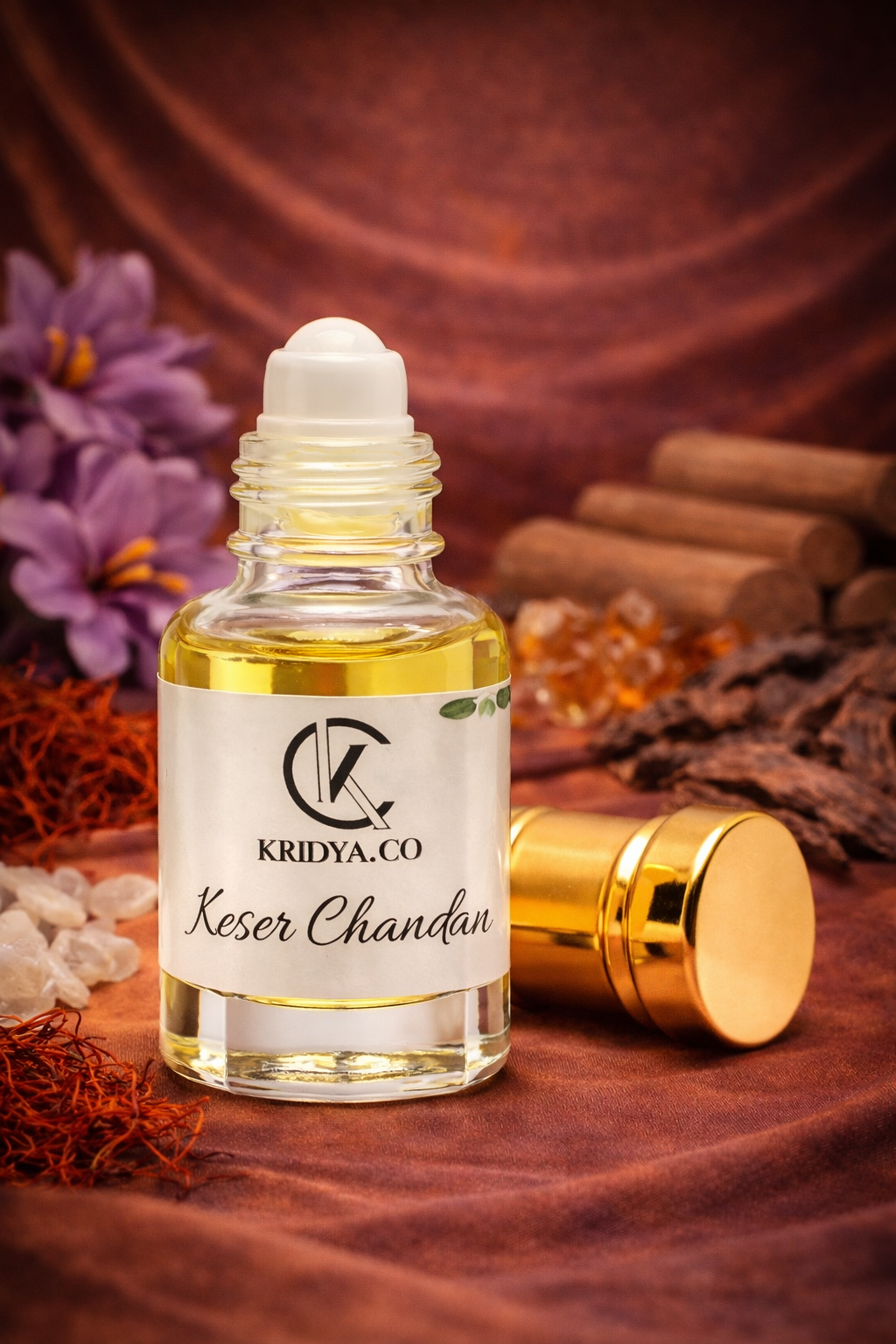 KRIDYA.CO Premium Kesar Chandan Attar – Saffron Sandalwood Perfume Oil