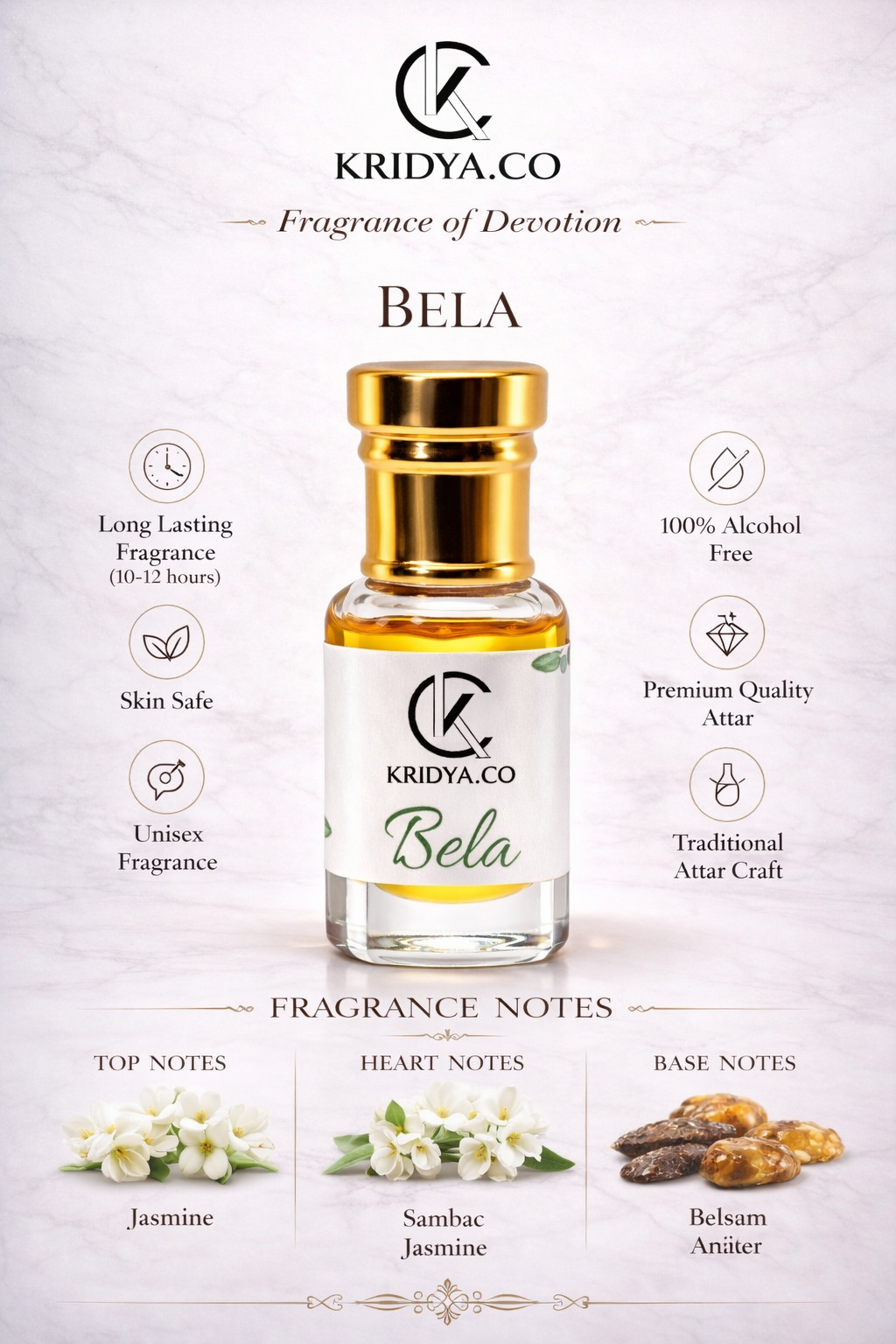 KRIDYA.CO Premium Bela Attar – Long Lasting Floral Fragrance Oil