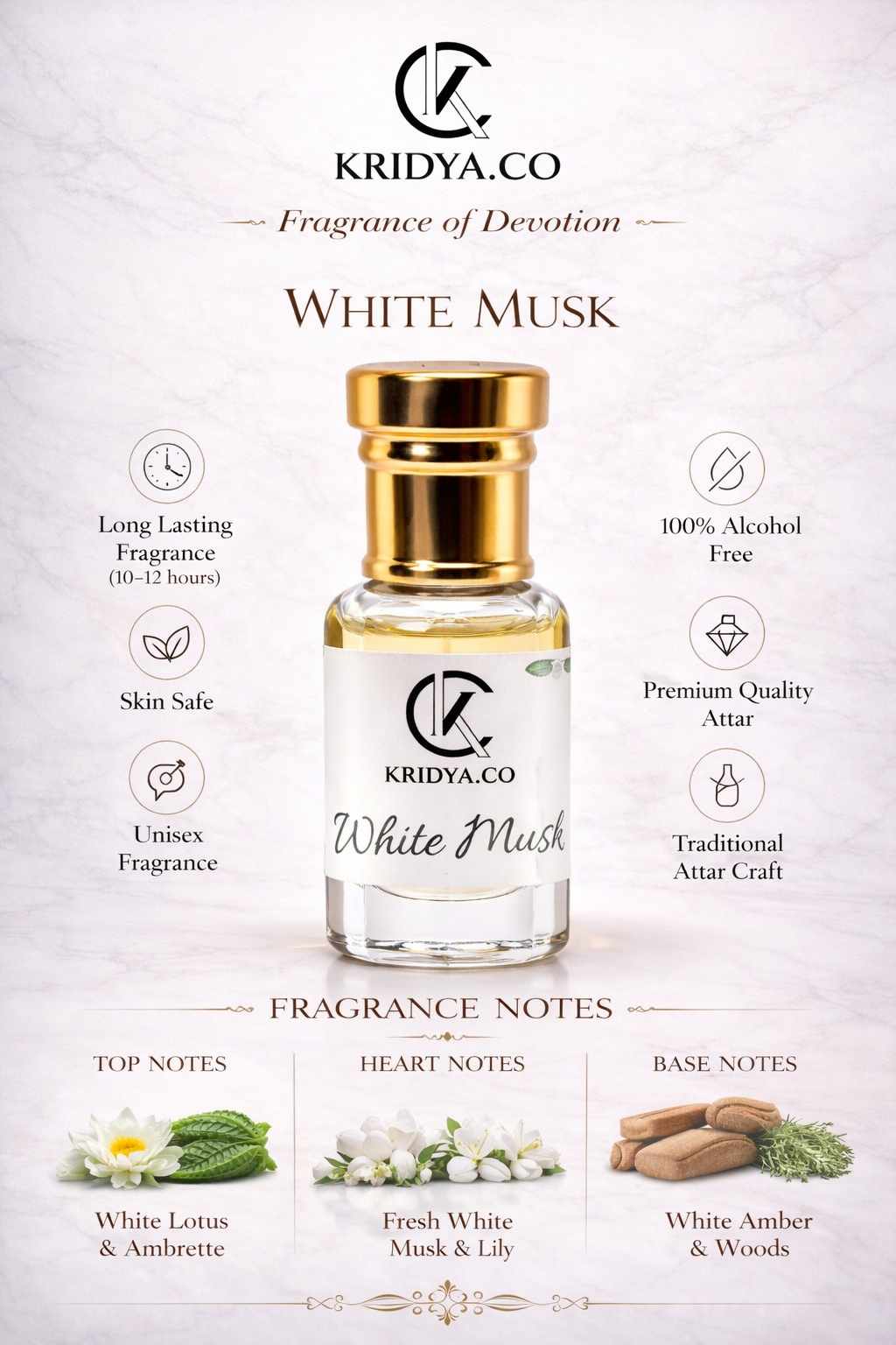 KRIDYA.CO Premium White Musk Attar – Soft Clean Musky Perfume Oil