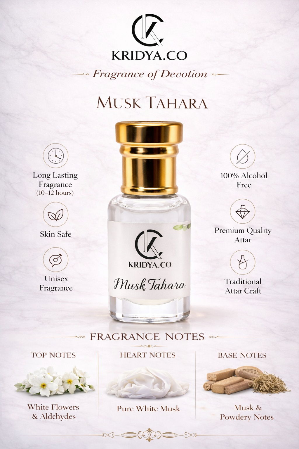 KRIDYA.CO Musk Tahara Attar – Fresh Powdery Alcohol-Free Fragrance