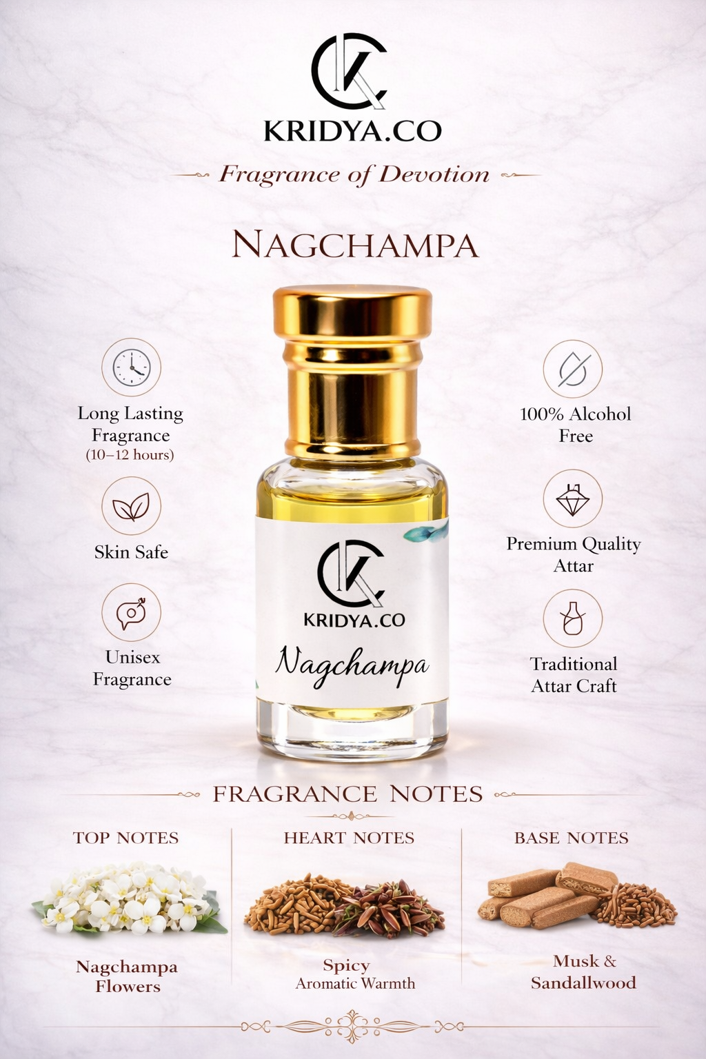 KRIDYA.CO Nagchampa Attar – Premium Long Lasting Alcohol-Free Perfume Oil